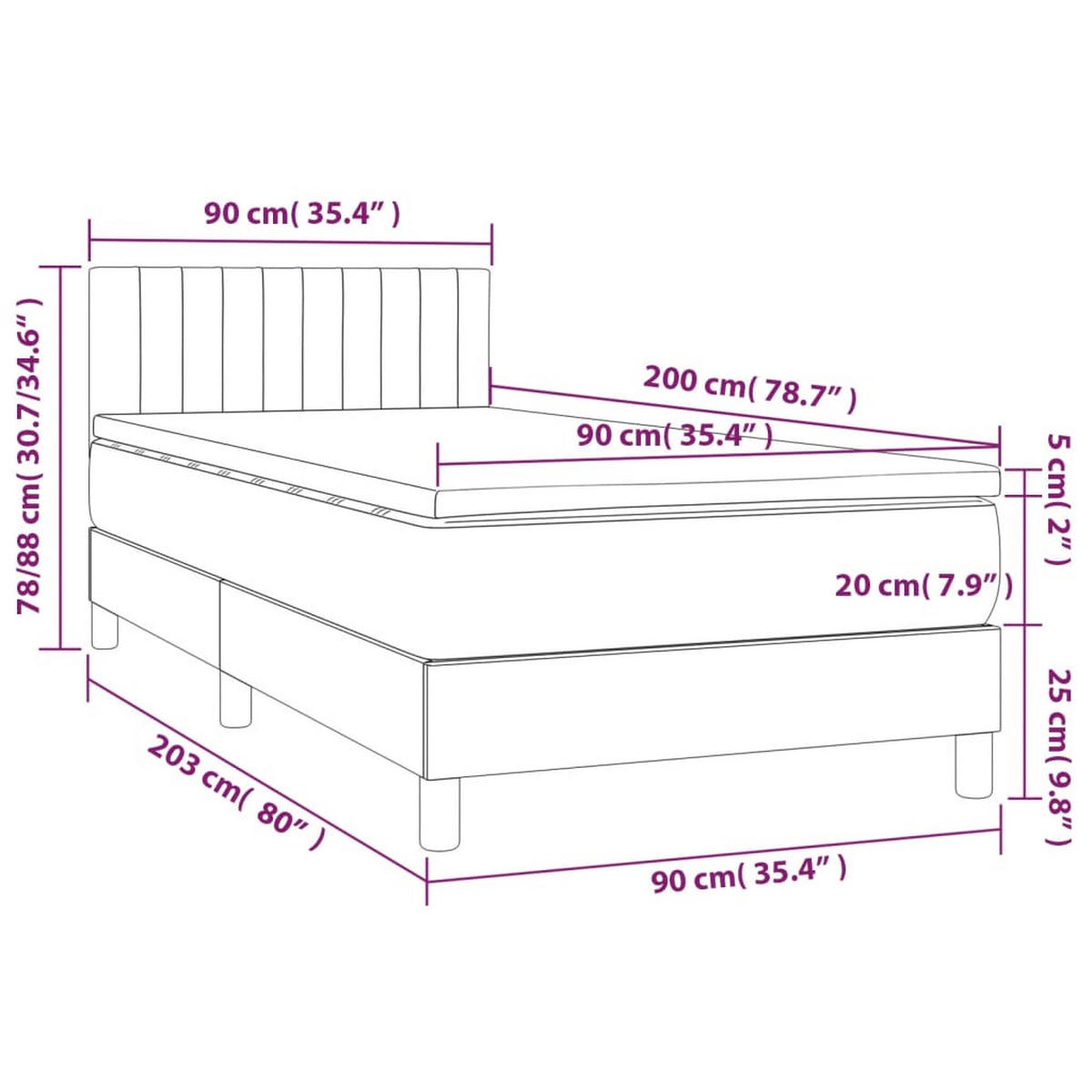 BOXSPRINGBETT mit Matratze und LED, 78/88 cm Kopfteil, 90/200 cm aus Samt, Dunkelgrau - Dunkelgrau, Holz/Textil - vidaXL