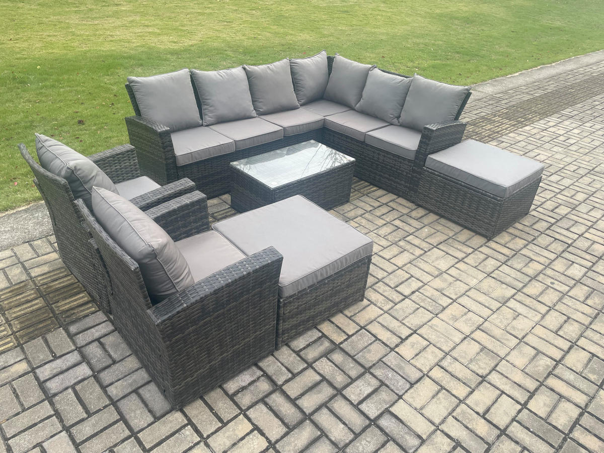 LOUNGEGARNITUR mit Couchtisch Sofa Polyrattan Dunkelgrau 10-Sitzer - Dunkelgrau/Grau, Glas/Kunststoff - Fimous