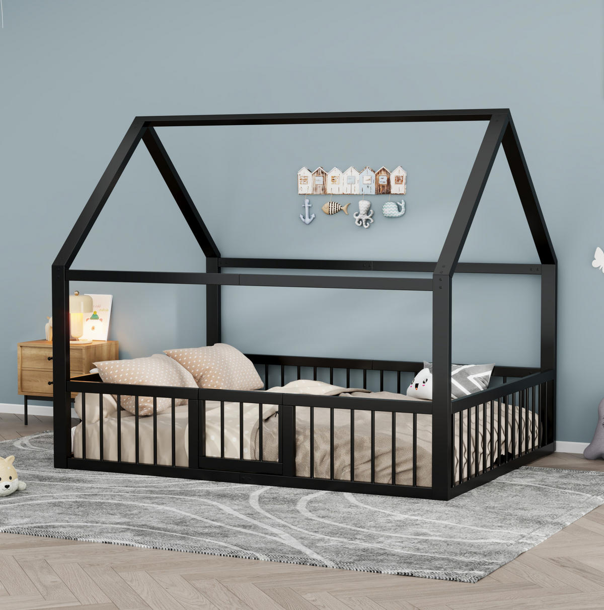 KINDERBETT 140/200 cm in Hausform aus Metall mit Sicherheitsgeländer Schwarz - Schwarz, Metall (140/200cm) - BEAOK