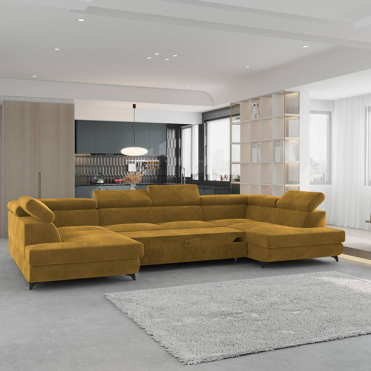 WOHNLANDSCHAFT VINTESSA Gelb Velours-Stoff mit Schlaffunktion - Gelb, Holz (323/89/190cm) - MASSENO