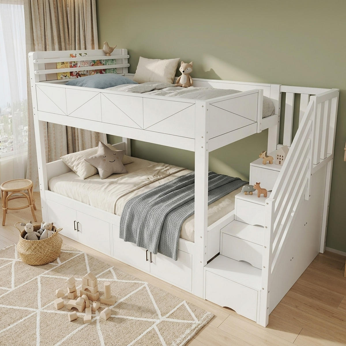 ETAGENBETT 90/200 cm in Weiß mit Stauraumtreppe, Schrankfächern, Ablage und Paneel-Design aus Massivholz und MDF - Weiß, Holzwerkstoff (90/200cm) - STILVORA