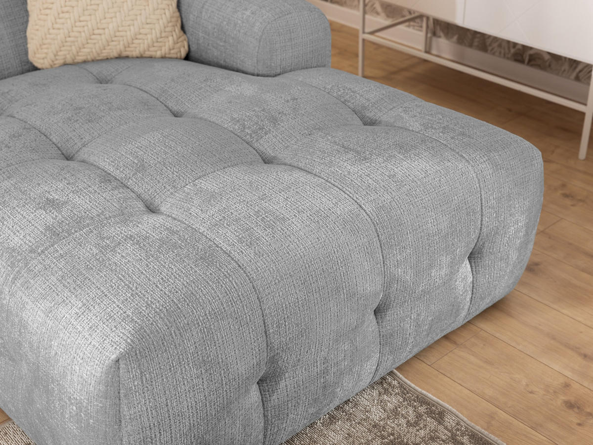 ECKSOFA inkl. Hocker Kozy im Bumpy-Design mit Schlaffunktion und fester Rückenlehne aus weichem Hellgrau Chenille-Stoff - Ottomane rechts - Hellgrau/Schwarz, Holz/Kunststoff (234/161cm) - S-Style Möbel