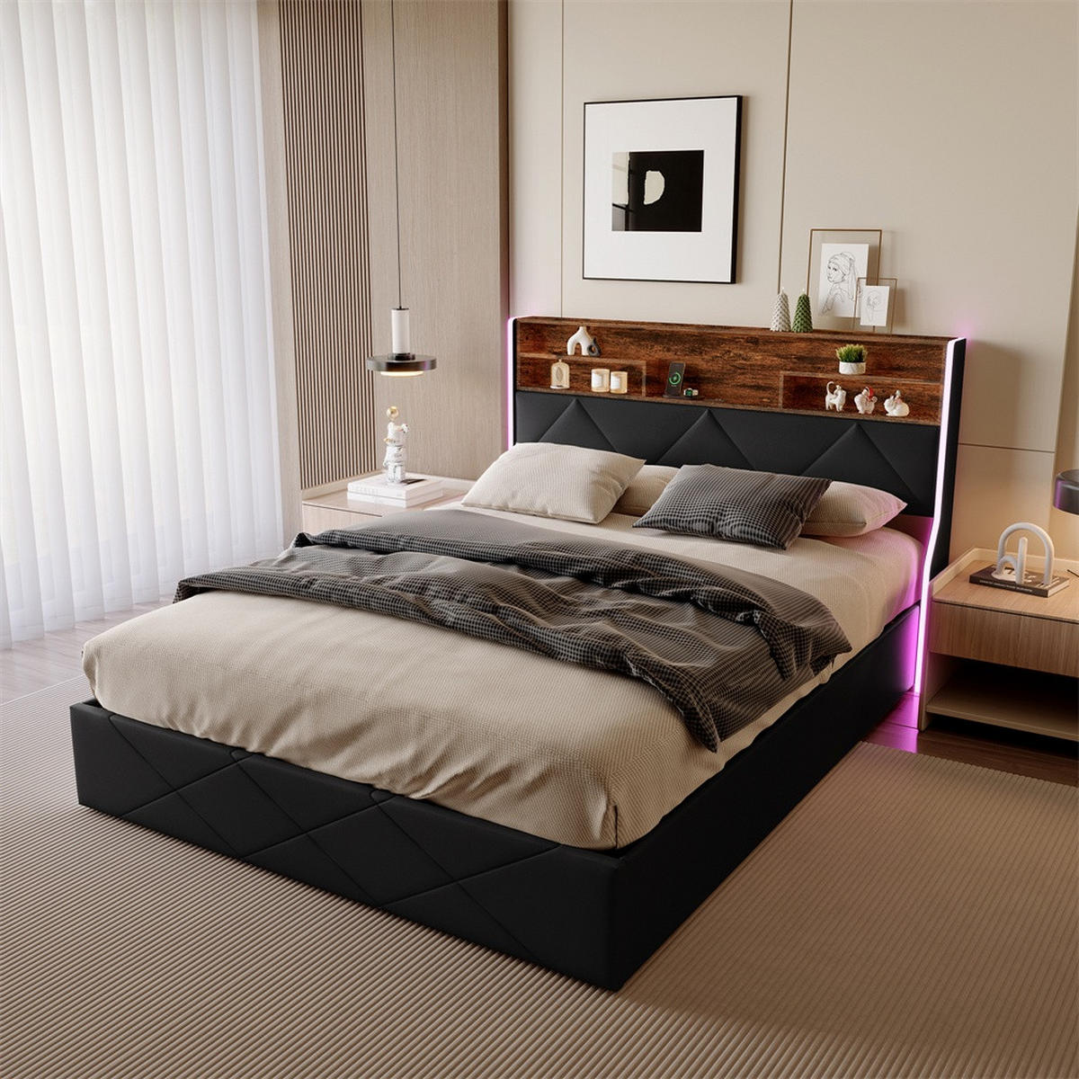 POLSTERBETT 140x200 cm mit LED-Beleuchtung - USB-Ladestation und hydraulischem Stauraum - Schwarz PU-Leder - Schwarz, Textil (140/200cm) - DELFA