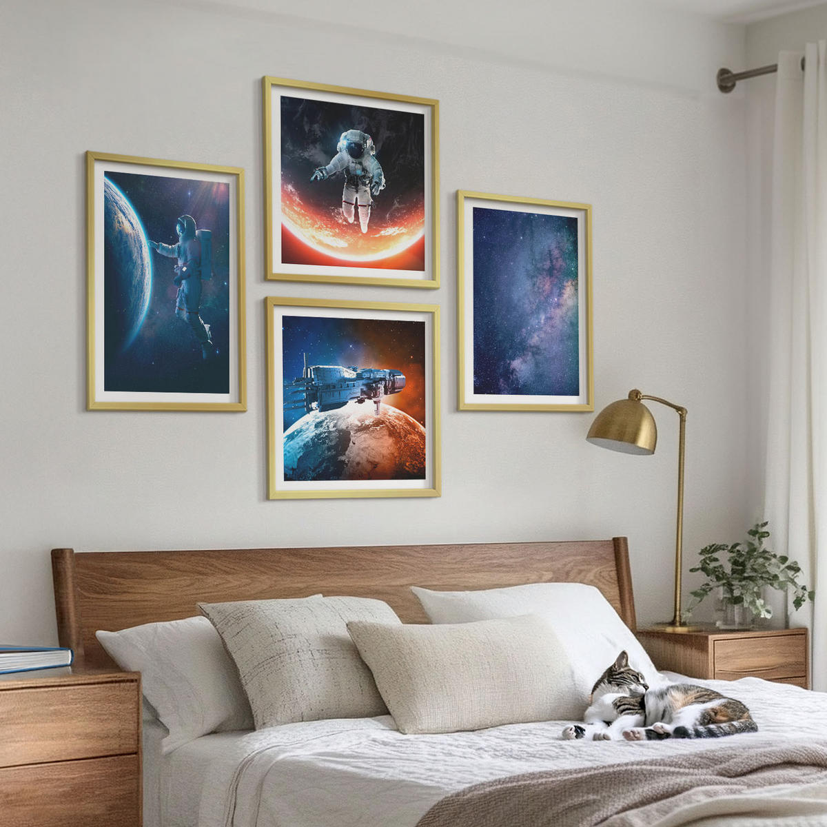 WANDBILDER 4er Set - 50x50 cm & 40x60 cm Goldrahmen - Weltraum-Astronauten-Sterne - Goldfarben, Kunststoff (50/50cm) - ArtPrintCave