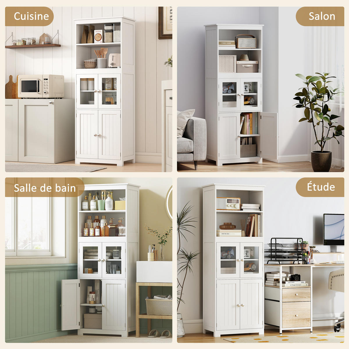 HIGHBOARD DE-11015 2 Nischen & 2 Glastüren mit verstellbaren Böden Weiß - Weiß, Holzwerkstoff (30/162/60cm) - ComfortXL