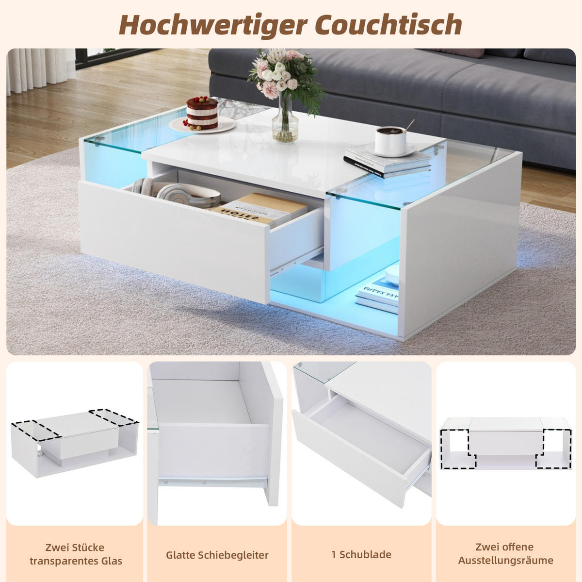 COUCHTISCH 100/50/31 cm mit Schublade, LED-Beleuchtung und gehärtetem Glas, Hochglanz, Weiß - Weiß, Holzwerkstoff (100/50/31cm) - Redom