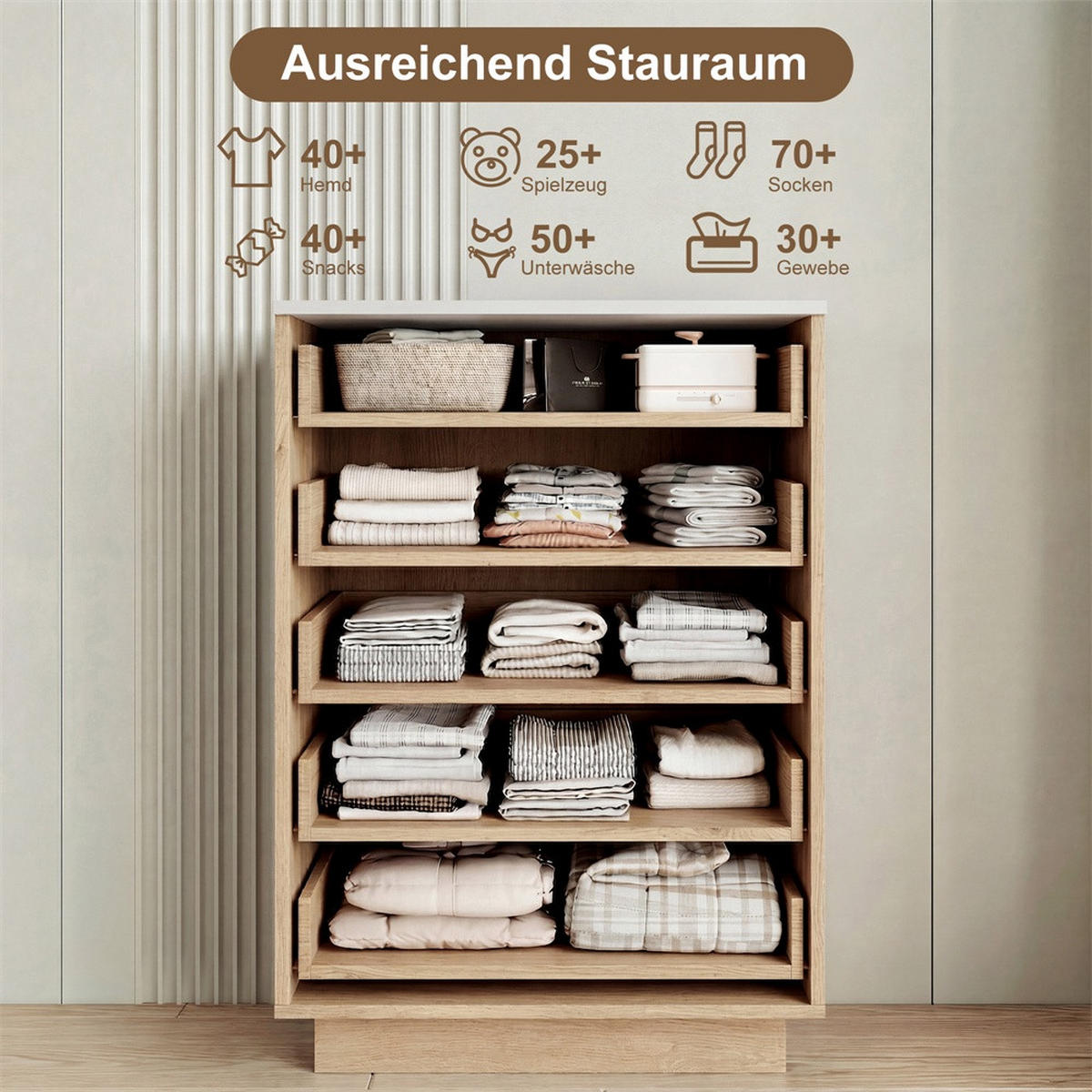 KOMMODE mit 5 Schubladen - stimmungsvolle 3-Farben-LED-Beleuchtung - natürliche Holz-Optik - Eichefarben, Holzwerkstoff (73/111/40cm) - DELFA