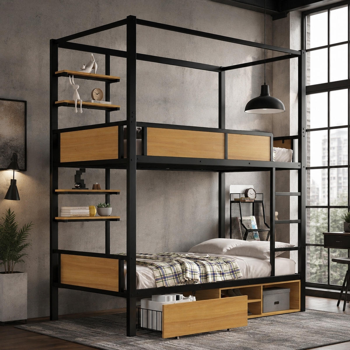 ETAGENBETT 90/200 mit Ablageboard und Stauraum in Schwarz und Natur - Schwarz, Holzwerkstoff/Metall (90/200cm) - EVRYAE