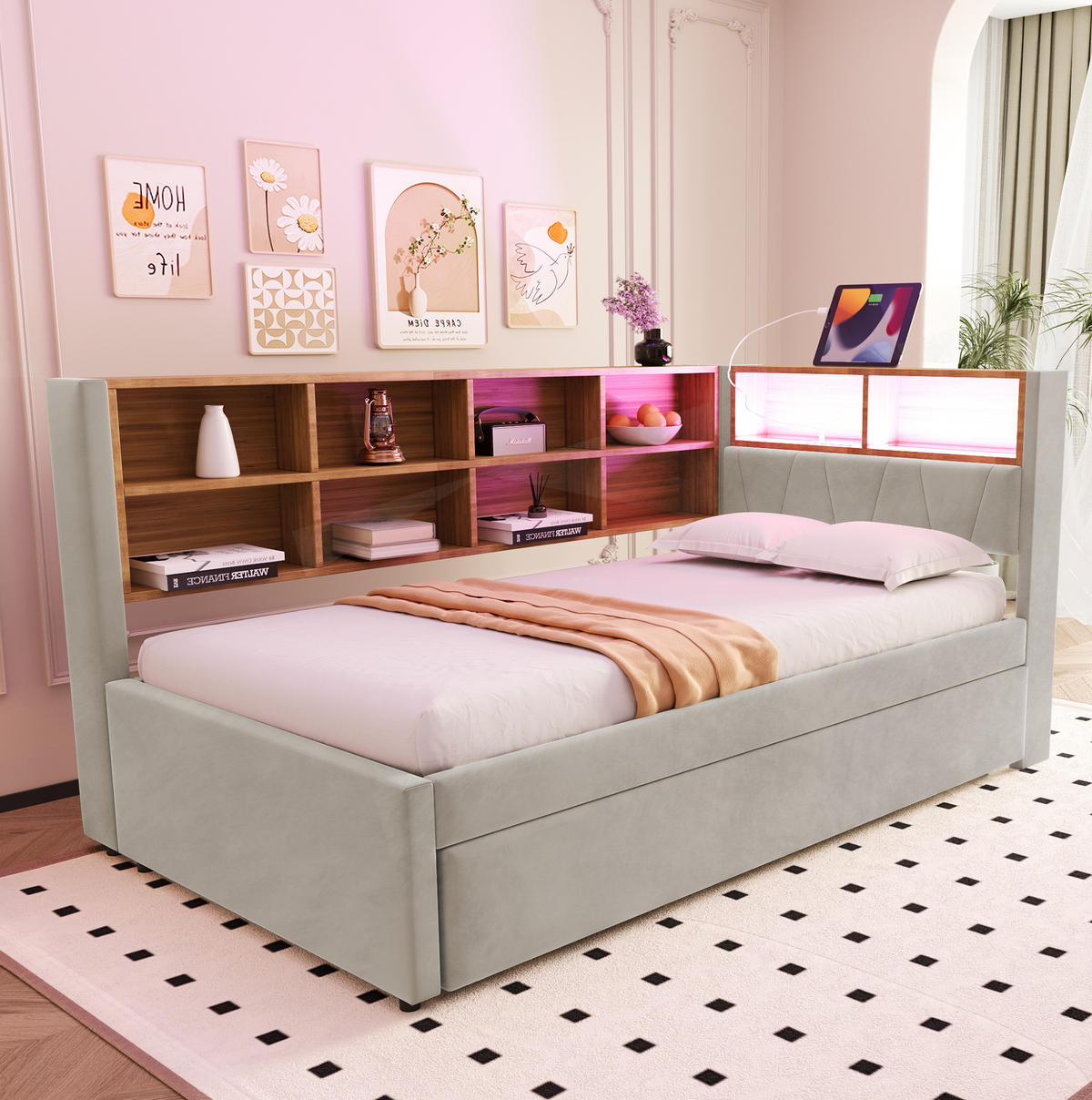 SCHLAFSOFA 90/200 cm mit Ausziehbett, LED, USB- und Type-C-Anschluss, Flanell, Hellgrau - Hellgrau, Textil (103/98/213cm) - Redom