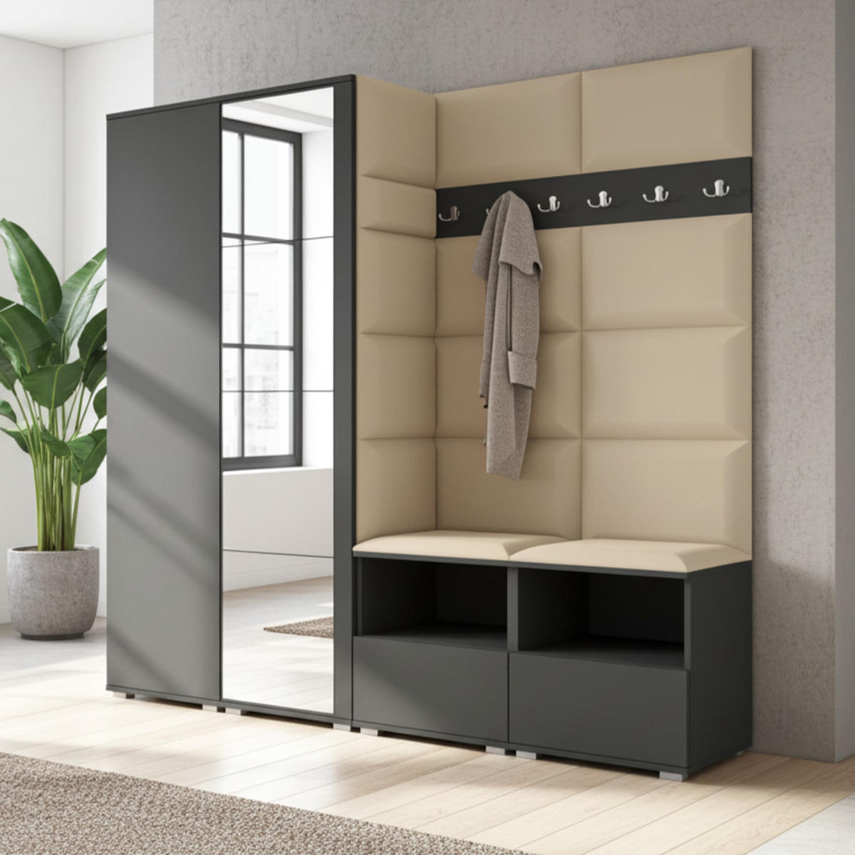 GARDEROBE NELA VI 200 cm (Modulare Flurmöbel Graphit mit Spiegel & Sitzpolster Beige 04 Universell) - Beige/Silberfarben, Holz/Holzwerkstoff (200/187/40cm) - Ravio