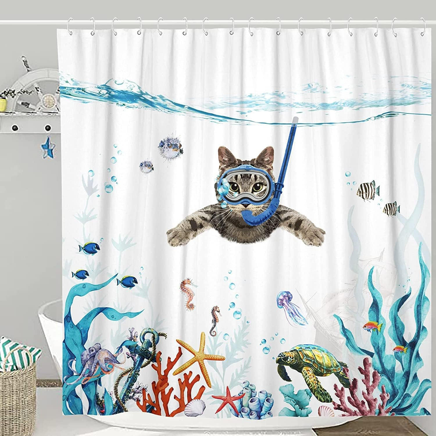 DUSCHVORHANG Katze Ozean bedruckt Polyester schnell trocknend wasserdicht waschbar - Weiß, Textil (180/180cm) - MCBOSON