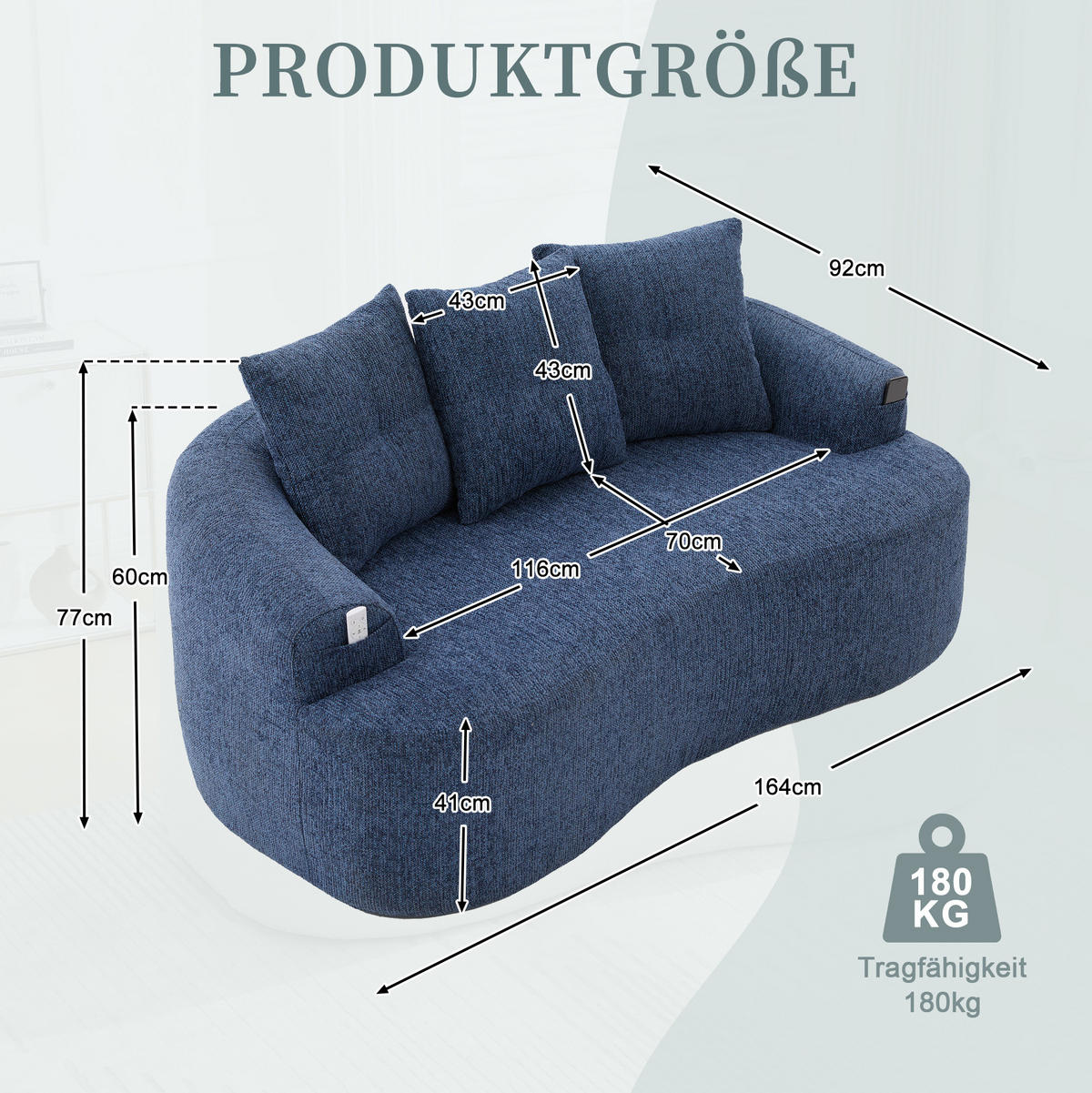 SOFA 2-Sitzer 164 cm Chenille Blau - Blau, Holzwerkstoff (164/60/92cm) - Meubliv
