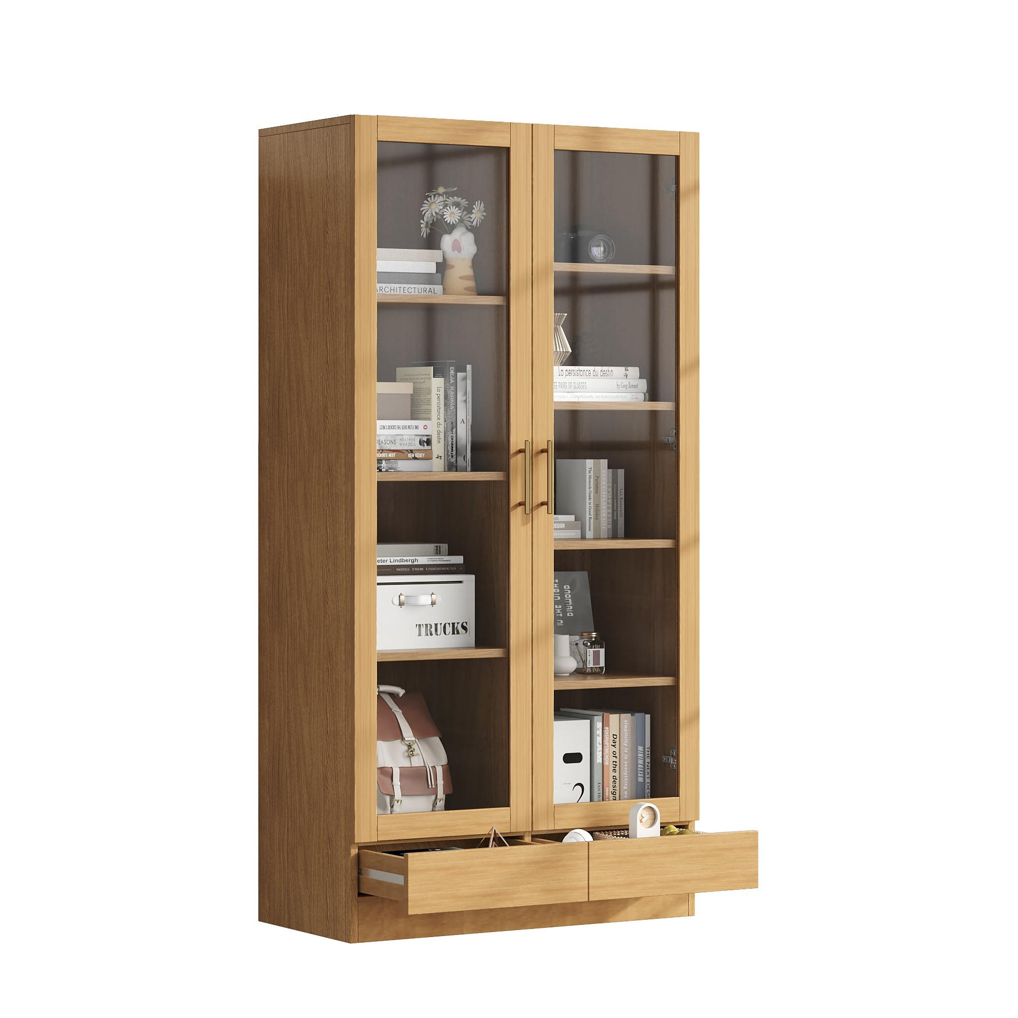 VITRINE in Naturfarben Aktenschrank mit Schubladen für Wohnzimmer, Schlafzimmer oder Büro, B80/T40/H160cm - Transparent/Naturfarben, Glas/Holzwerkstoff (80/160/40cm) - STILVORA