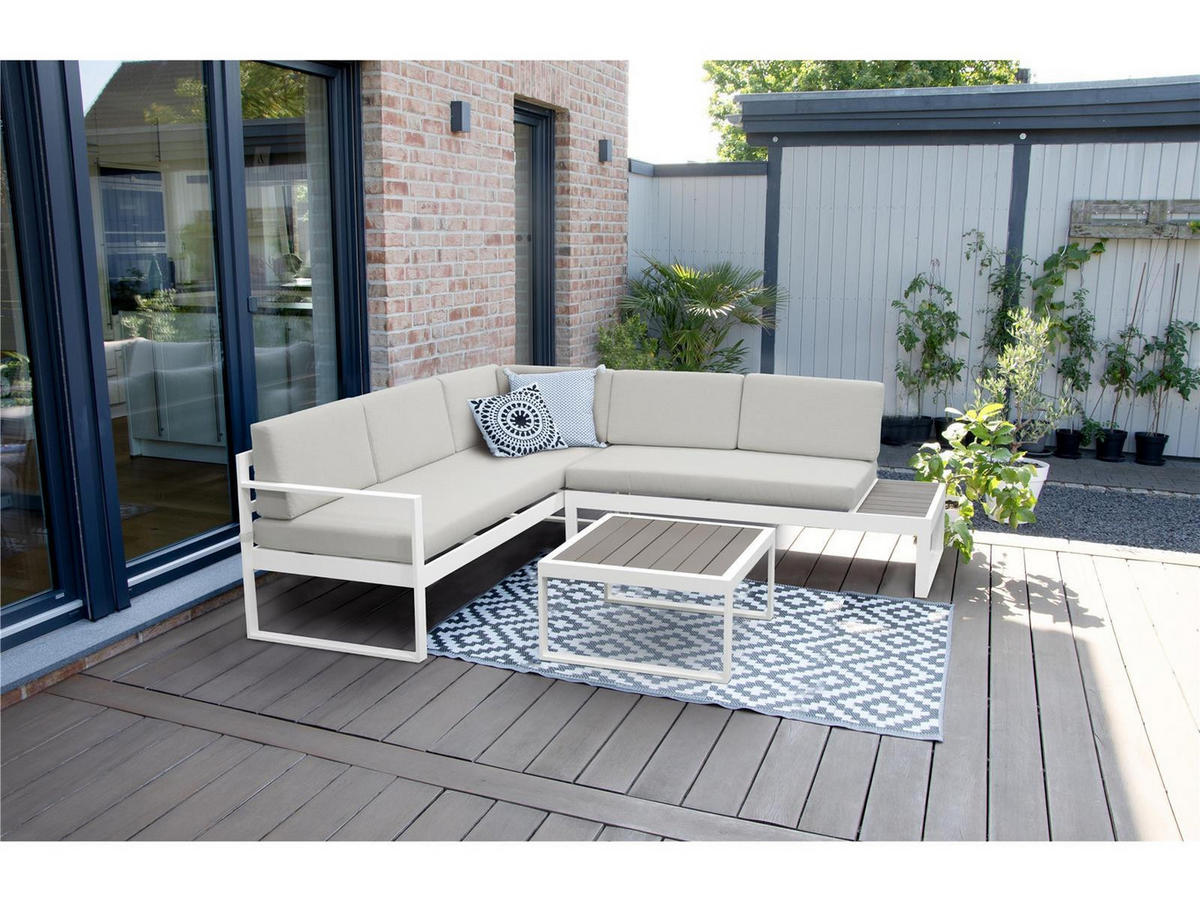 LOUNGE-SET Lima Weiß 5-Sitzer Aluminium mit Couchtisch in Holzoptik - Weiß, Kunststoff - bellavista - Home & Garden