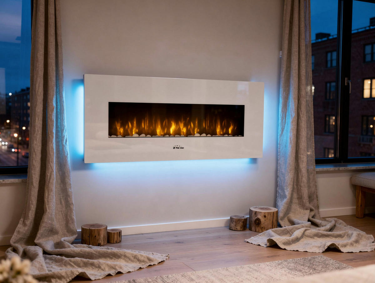 ELEKTROKAMIN Weiß Wandmodell mit Heizung 2000 W - Weiß, Glas (140/56/11cm) - Purline