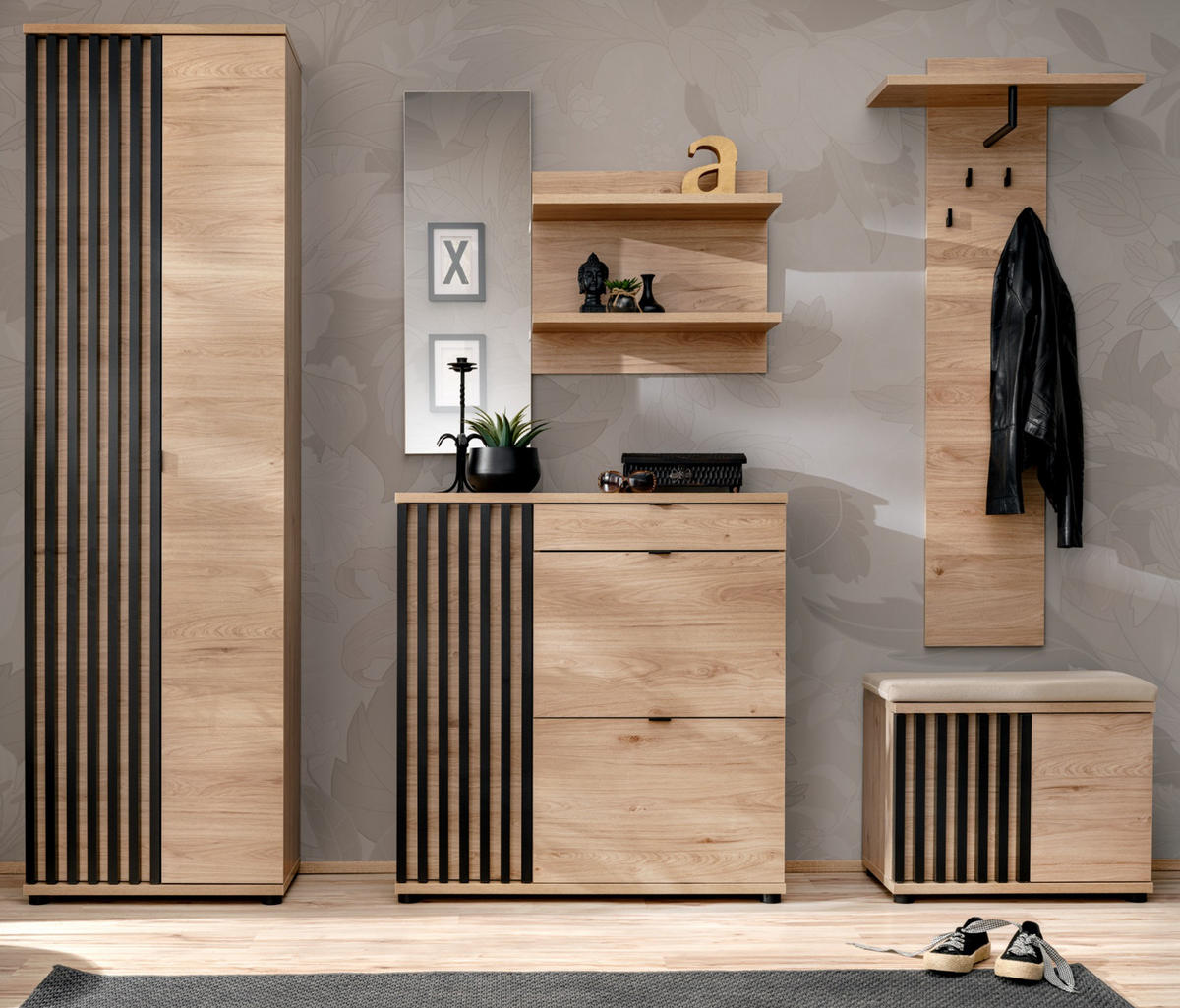 GARDEROBE Set 3-teilig Eiche Jackson, schwarz 250 cm, Garderobenkombination mit 3D-Lamellen - Eichefarben/Schwarz, Holzwerkstoff/Kunststoff (230/202/35cm) - Furn.Design