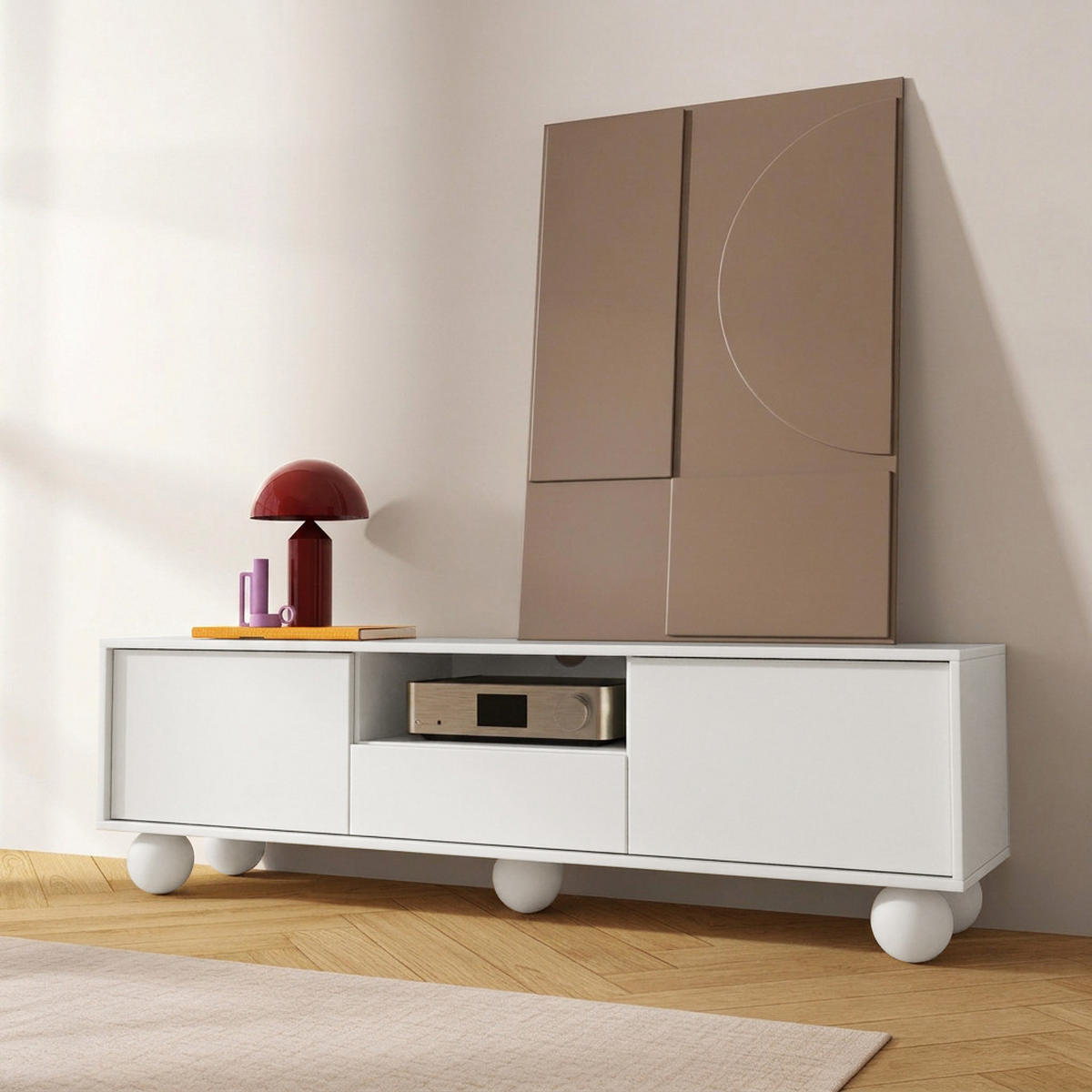 LOWBOARD Adel mit 2 Türen 1 Schublade und runden Füßen, 154 cm, Griffloss, Weiß - Weiß, Holzwerkstoff (154/46/38cm) - Beautysofa