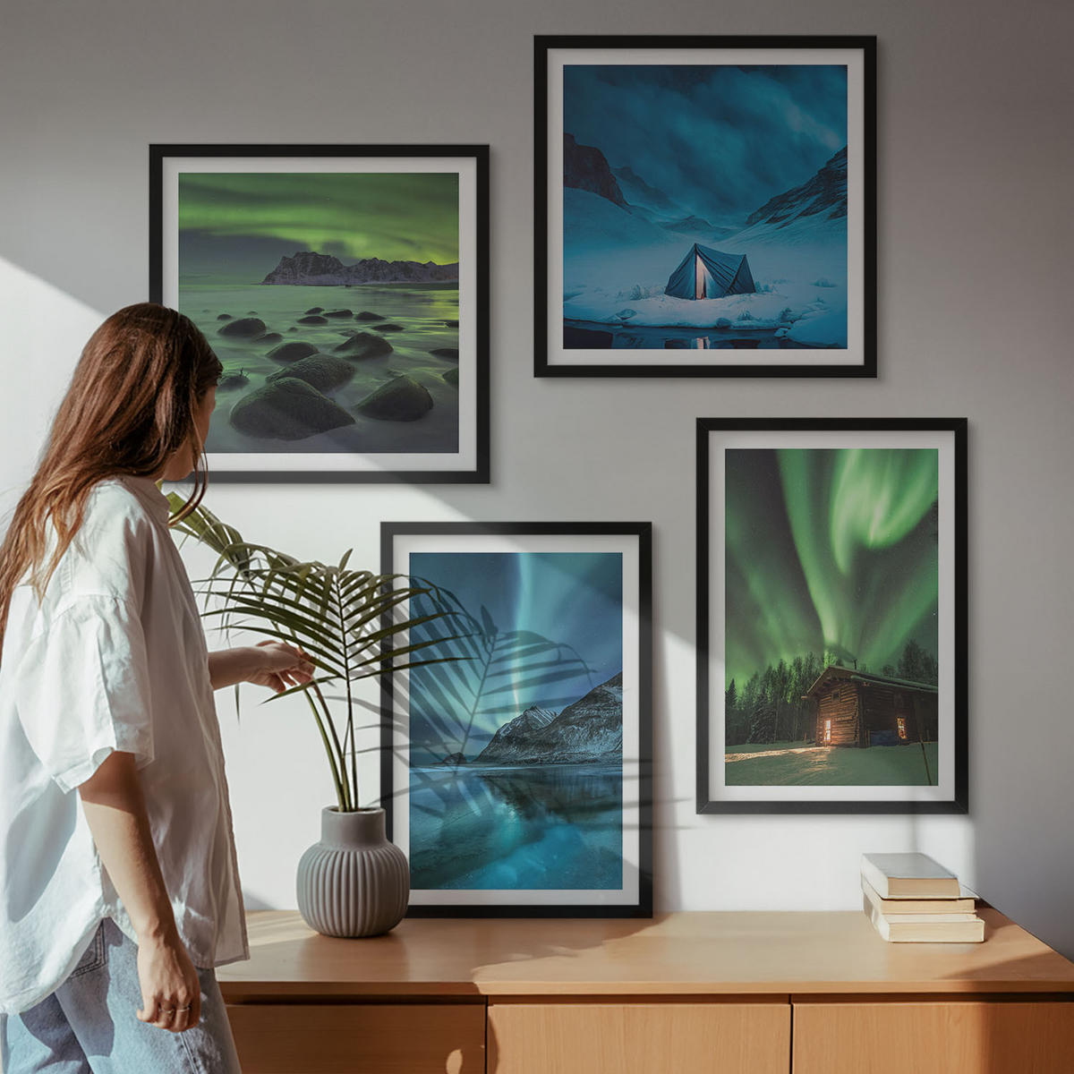 BILDER SET 4er Set - 50x50 cm & 40x60 cm Schwarzer Rahmen - Winterlandschaften, Nordlichter, Berge - Schwarz, Kunststoff (50/50cm) - TULUP