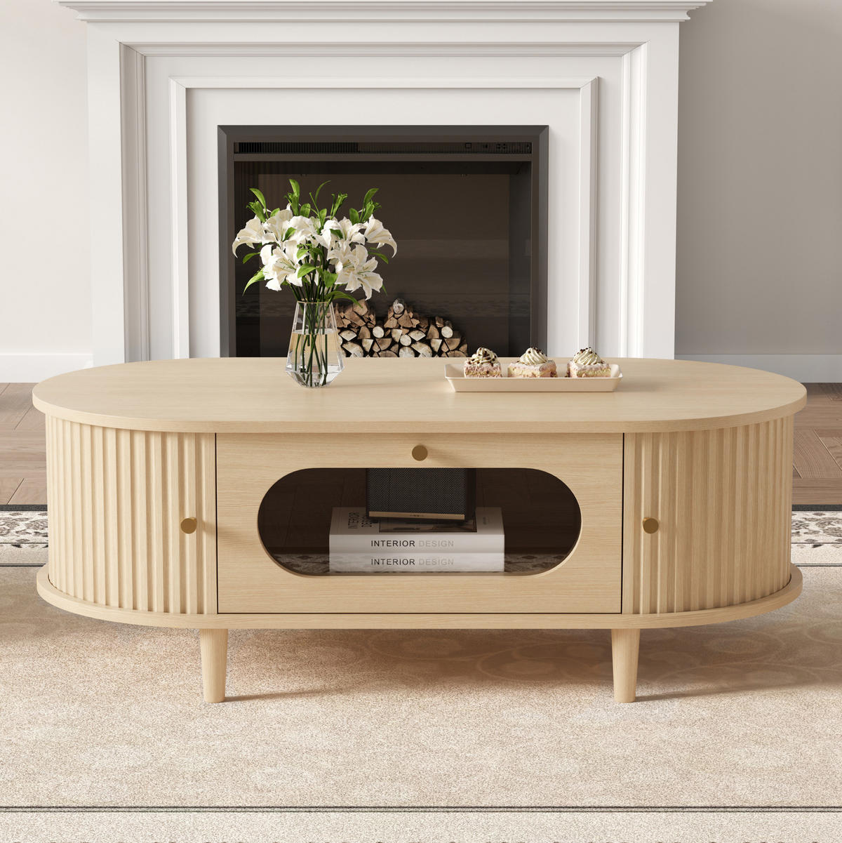 KONFERENČNÍ stolek 100/50/36 cm dubová barva z MDF se zásuvkou a roletovými dvířky - barva dubu, kompozitní dřevo (100/50/36cm) - OKWISH