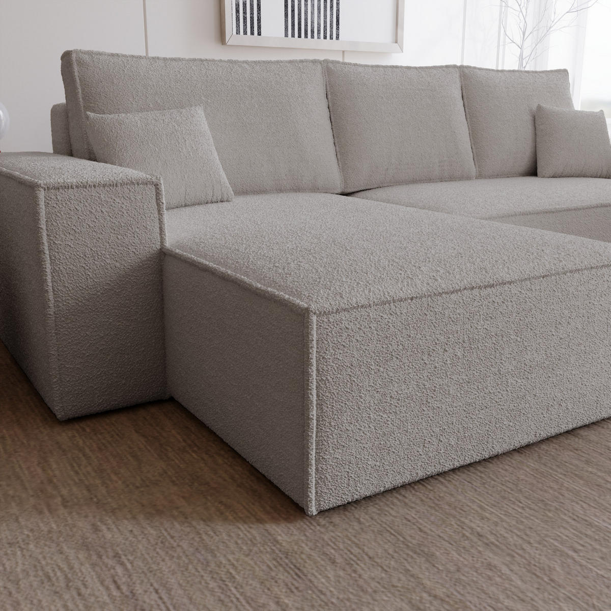 ECKSOFA Bouclé 280 cm Bergamo L mit Bettkasten, Schlaffunktion, Links - Hellgrau - Hellgrau, Holz (277/189cm) - Emporius