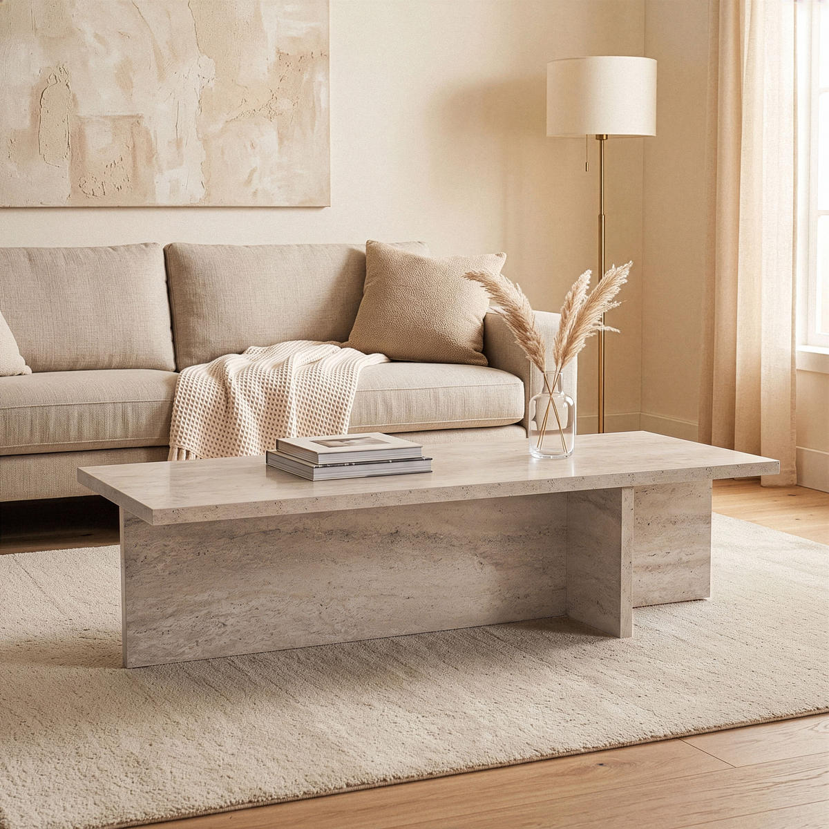 COUCHTISCH mit rechteckiger Platte und asymmetrischem Fuß L120 cm - HARBOR - Beige, Holzwerkstoff (50/45/30cm) - Calicosy