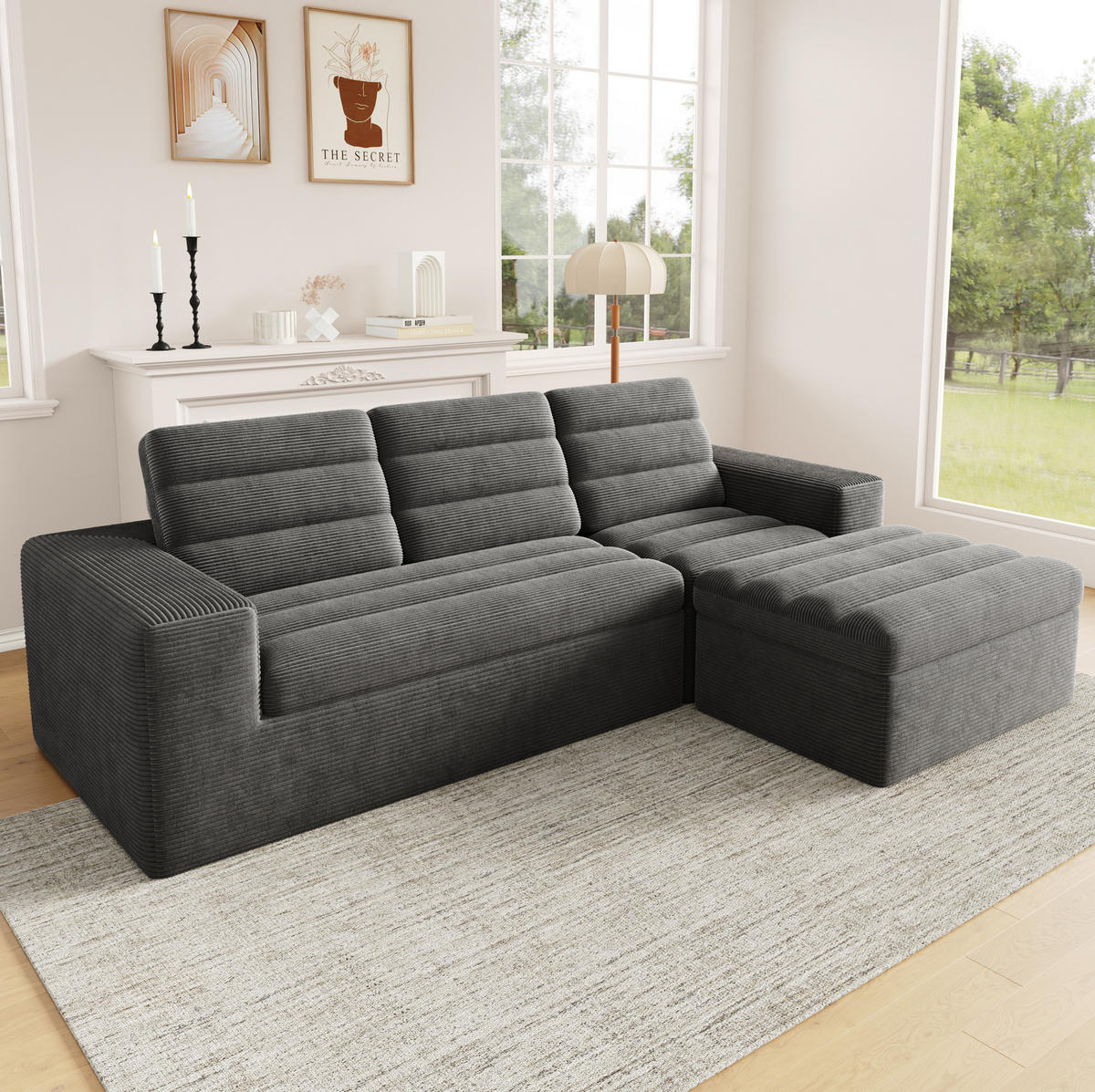 SOFA modular 253x161 cm Cord Dark Grey mit Hocker - Dunkelgrau, Kunststoff (161/253cm) - Meubliv