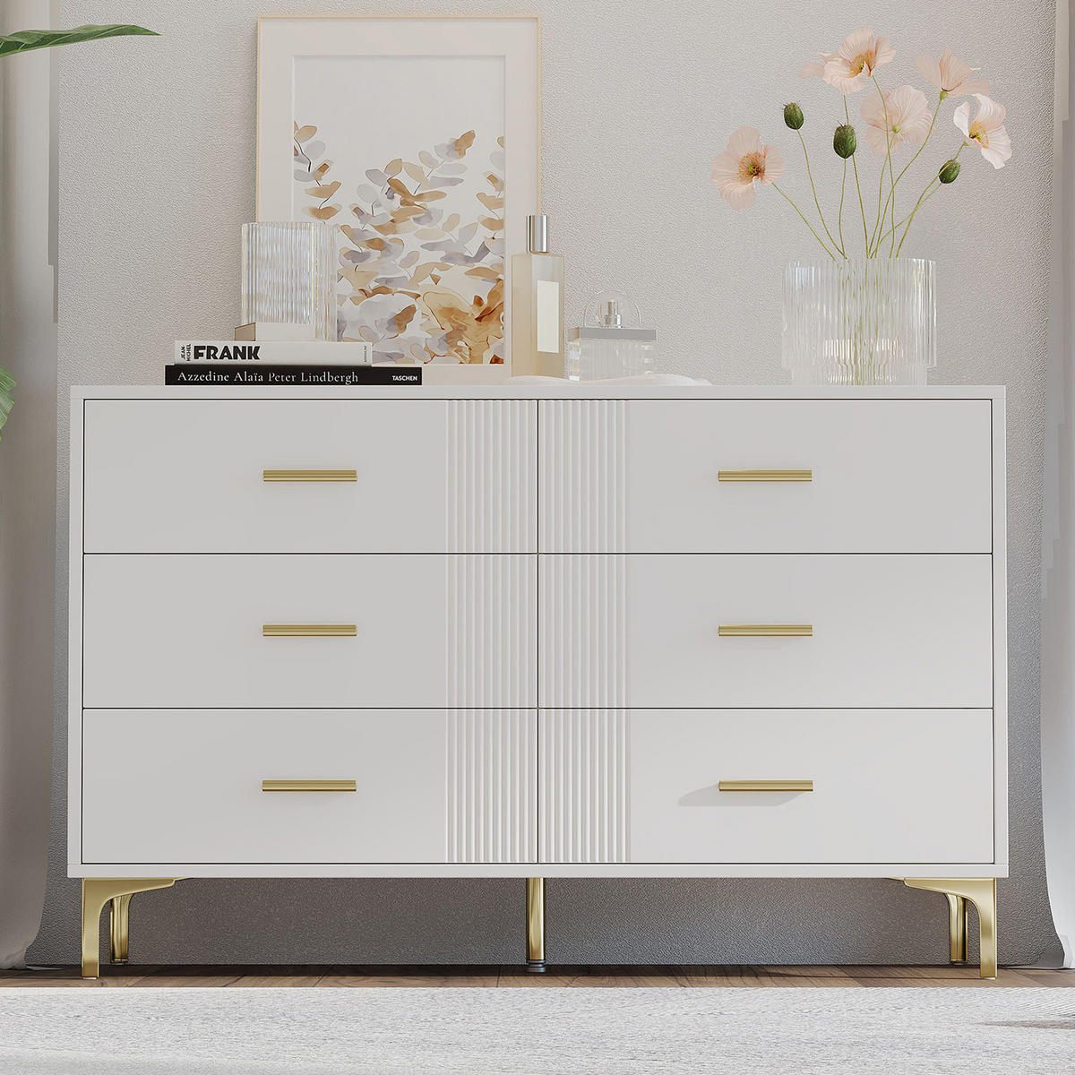 SIDEBOARD in Weiß Kommode mit 6 Schubladen, mit viel Stauraum, für Wohnzimmer & Schlafzimmer, B120/T40/H76cm - Goldfarben/Weiß, Holzwerkstoff/Metall (120/76/40cm) - STILVORA