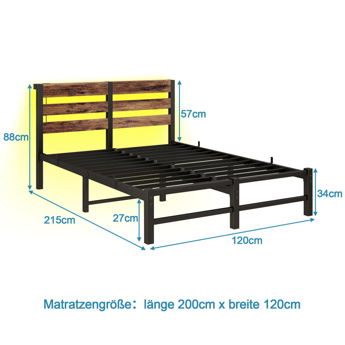 METALLBETT 120x200 cm LED USB Stauraum - Schwarz, Metall (120/200cm) - Fortuna Lai