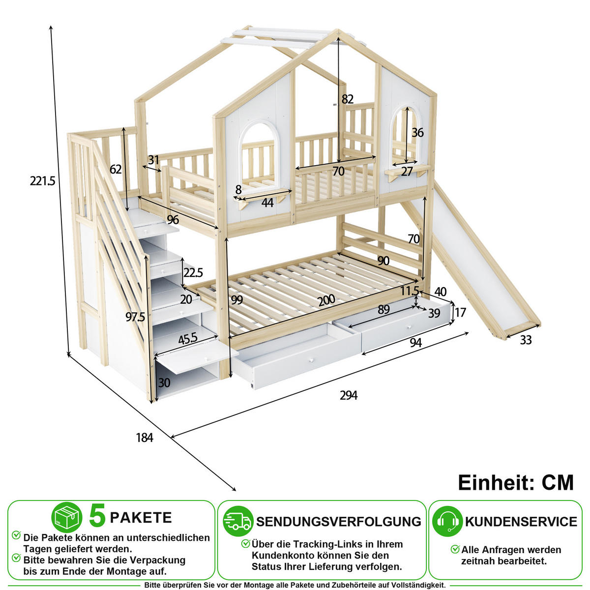 ETAGENBETT 90/200 cm in Natur/Weiß mit Rutsche, Aufbewahrungsleiter, Schubladen & Regalen - Naturfarben, Holz/Holzwerkstoff (90/200cm) - CHICFURN