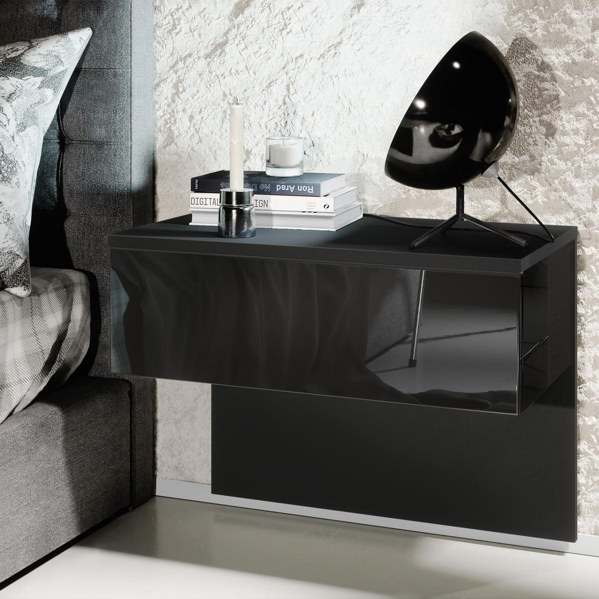 NACHTTISCH Sleep Fronten in Schwarz Hochglanz - Schwarz Hochglanz, Holzwerkstoff (60/46/35cm) - Vladon