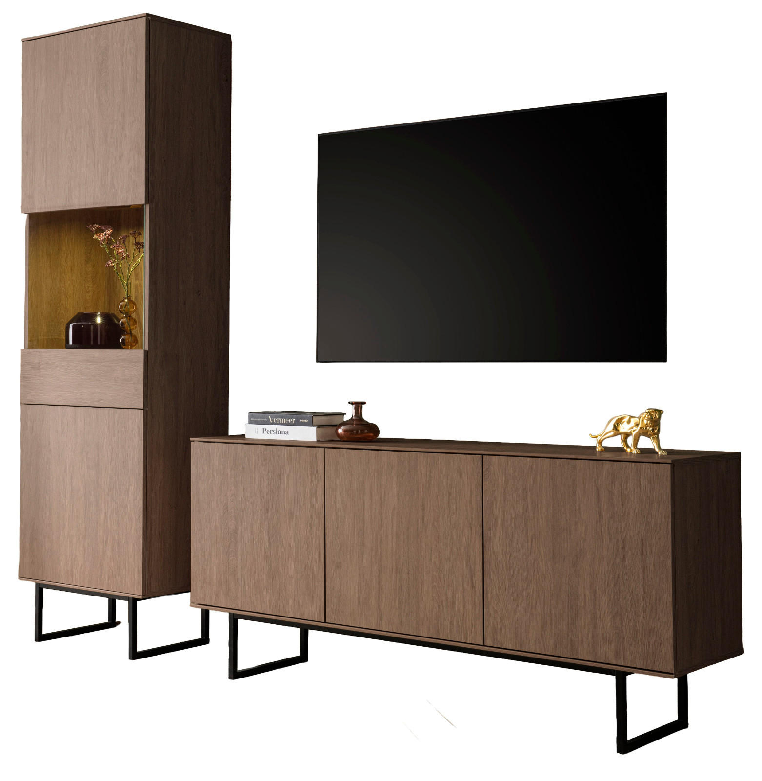 WOHNWAND in Nussbaum 2-teilig 220 cm, Komplett-Set mit Push-to-Open - Nussbaumfarben/Schwarz, Glas/Holzwerkstoff (220/200/40cm) - Furn.Design