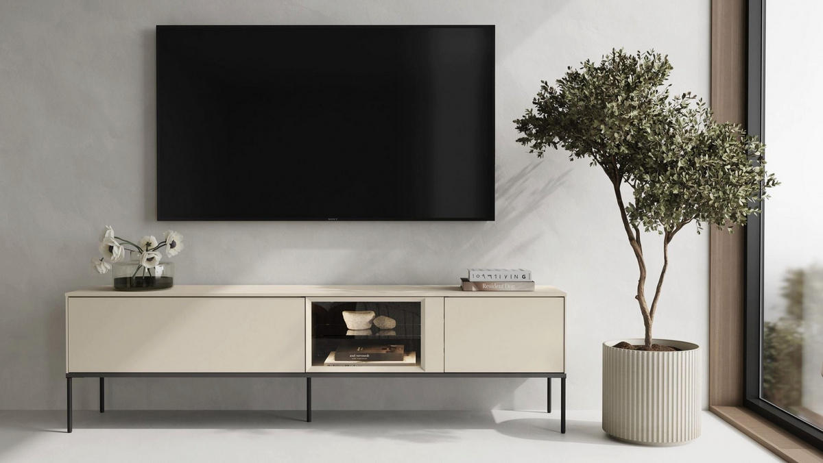 TV stolík Bellezo s osvetlenou presklenou vitrínou Krémová 196/55/41 cm - čierna/krémová, kompozitné drevo (196/55/41cm) - Selsey
