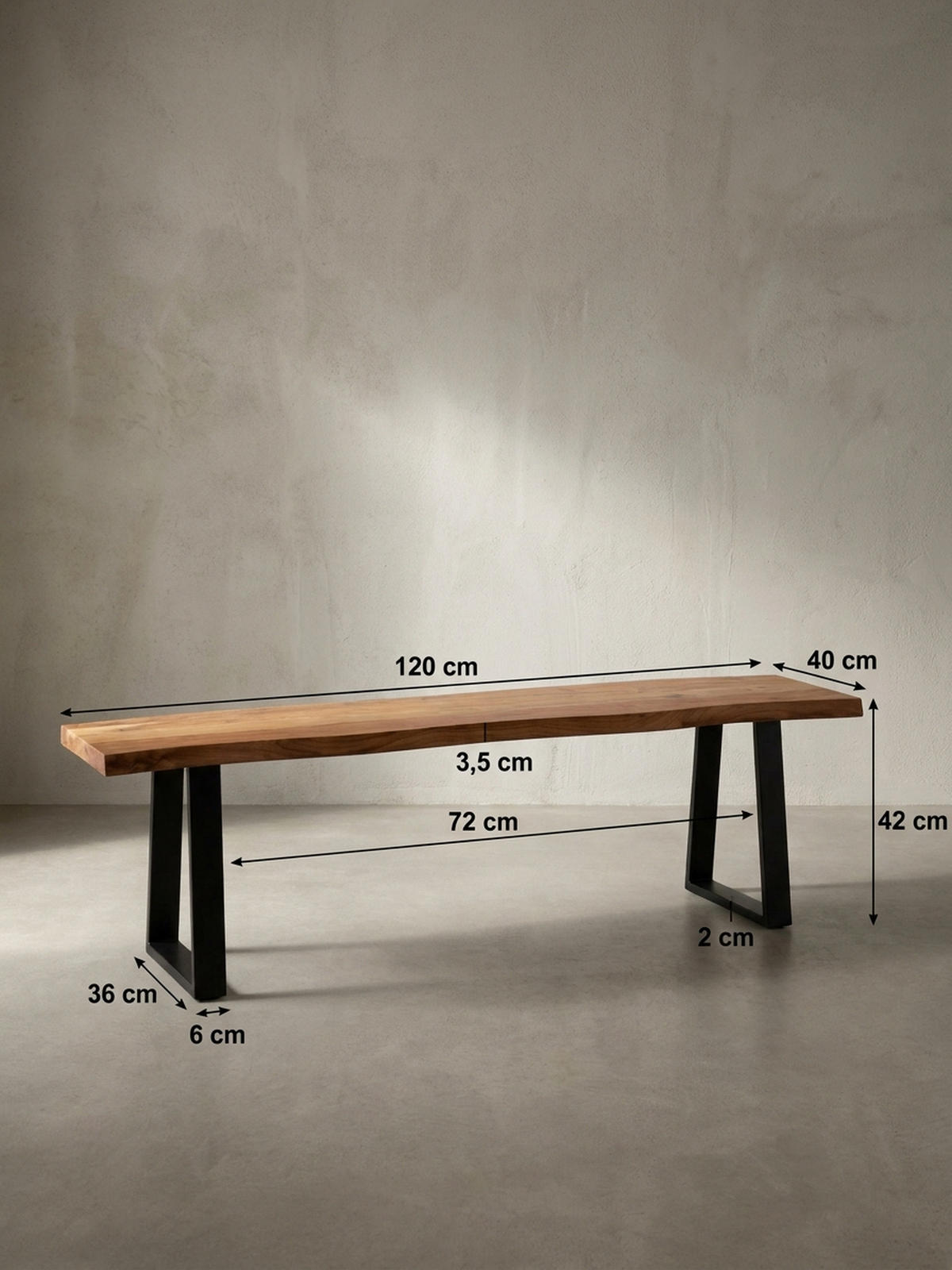 ESSZIMMERBANK Massivholz Metall Baumkante ohne Lehne, Akazie 120x40x46 cm - Schwarz/Braun, Holz/Metall (120/46/40cm) - KADIMA DESIGN