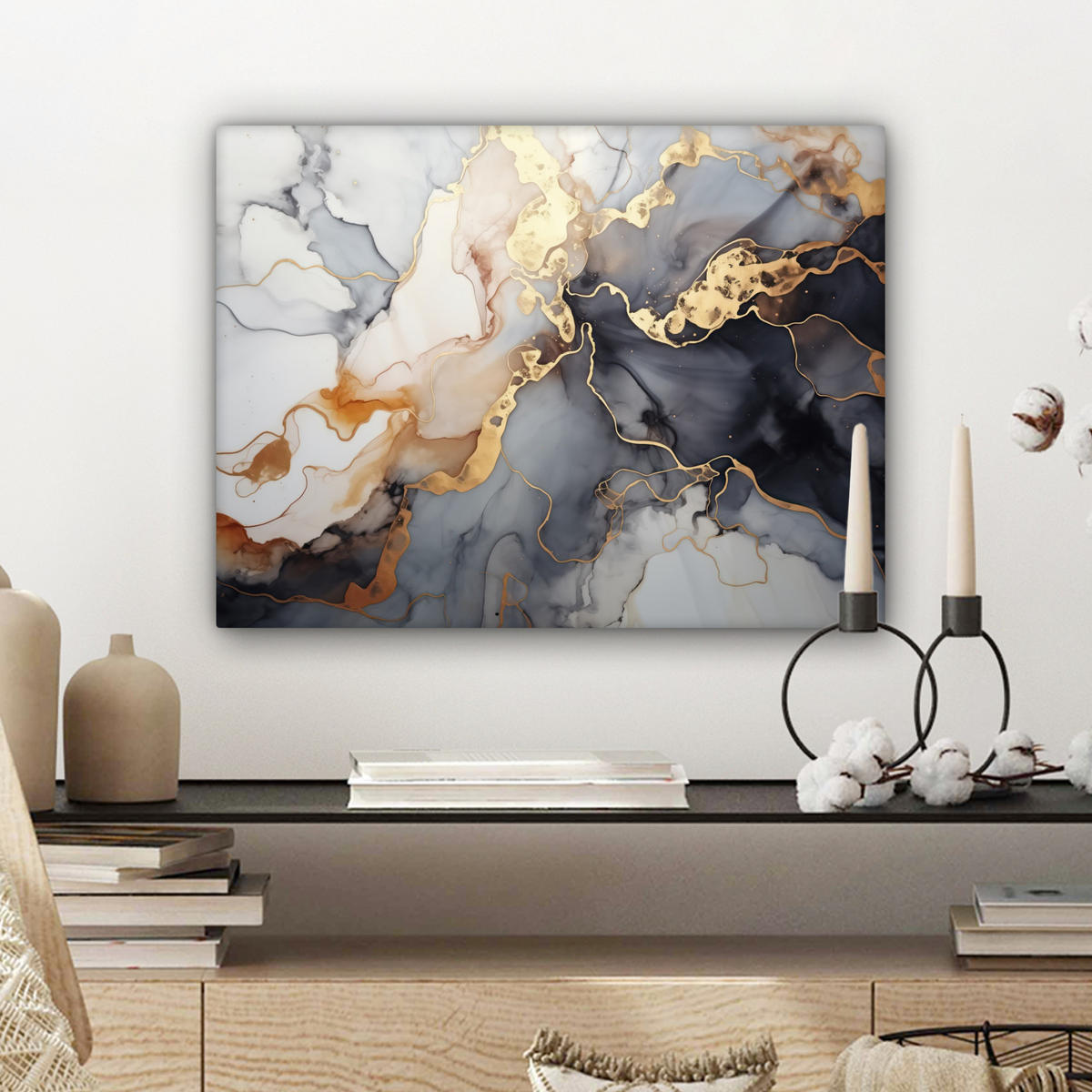 LEINWANDBILD Marmor - Schwarz - Gold - Weiß Wandbild 40x30 cm - Dunkelgrau, Textil (40/30cm) - MuchoWow