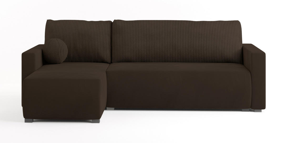 ECKSOFA SORGE Braun Plüsch-Stoff mit Schlaffunktion - Braun, Holz (220/143cm) - MASSENO
