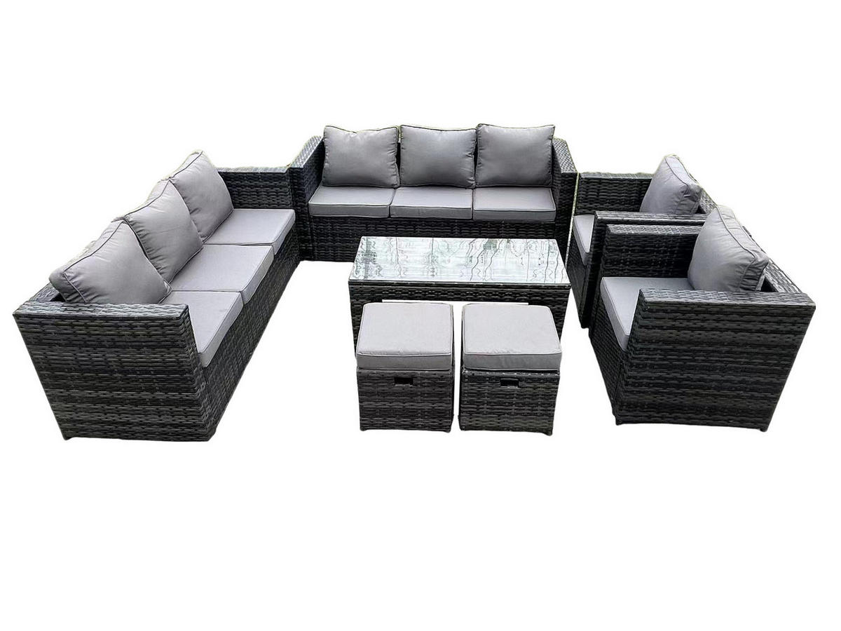 GARTENTISCHGRUPPE Polyrattan 10-Sitzer - Dunkelgrau/Grau, Glas/Kunststoff - Fimous