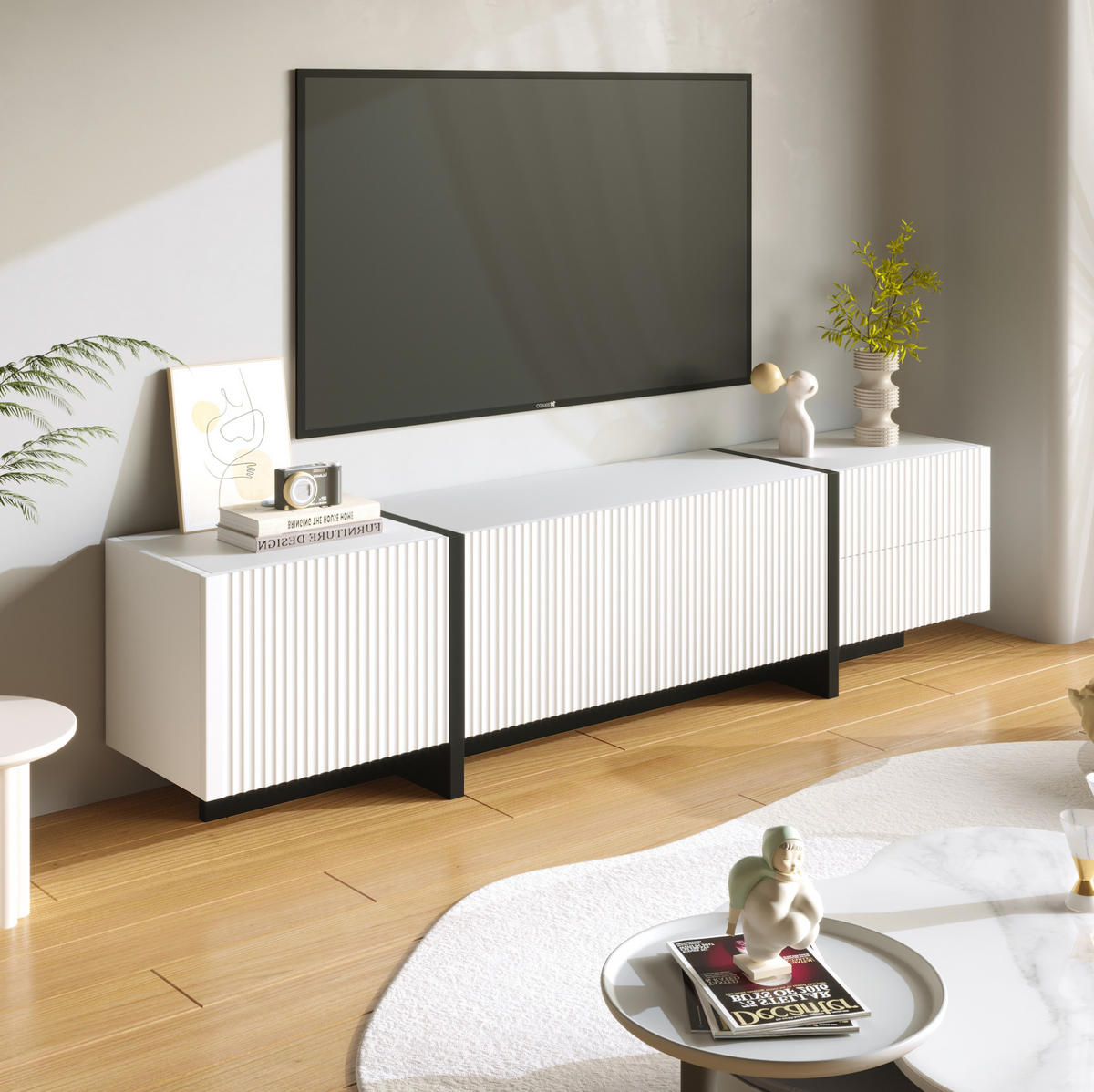 TV-SCHRANK aus MDF und Spanplatte 190x35x45 cm Schwarz/Weiß mit 3 Türen, 2 Schubladen und Dämpfungsscharnieren - Weiß, Holzwerkstoff (190/45/35cm) - Modfu