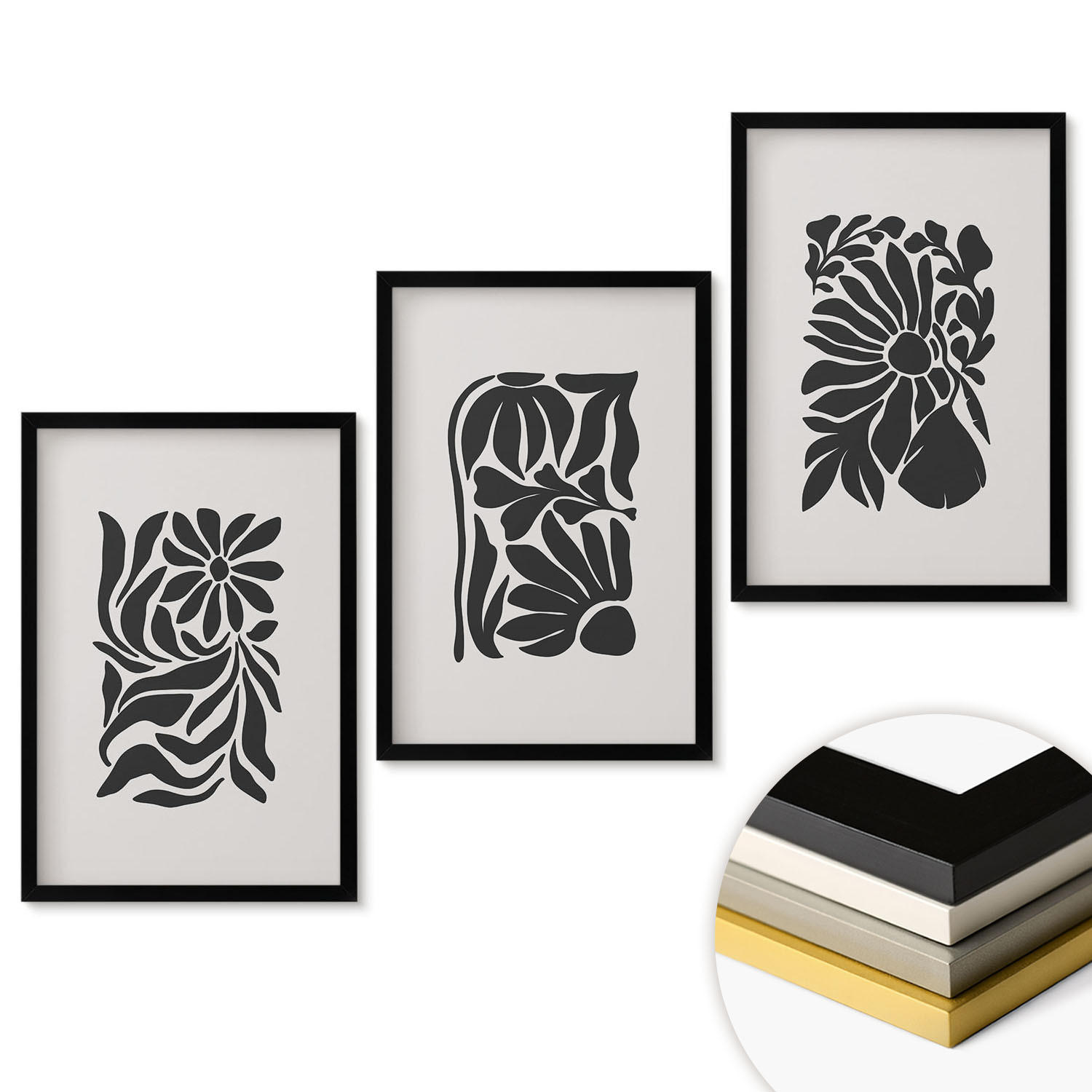 WANDBILDER 3er-Set - 40x60 cm Schwarzer Rahmen - Abstrakte Pflanzenmuster - Schwarz, Kunststoff (40/60cm) - ArtPrintCave