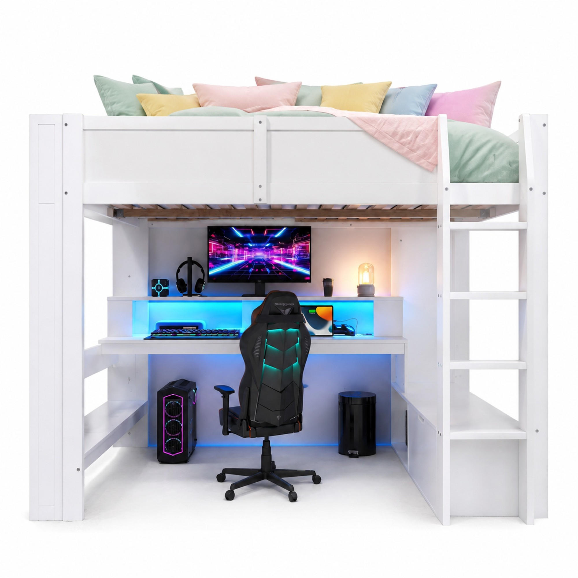 HOCHBETT 140/200 mit Schreibtisch, 16-Farben-LED und Stauraum in Weiß - Weiß, Holz (140/200cm) - EVRYAE