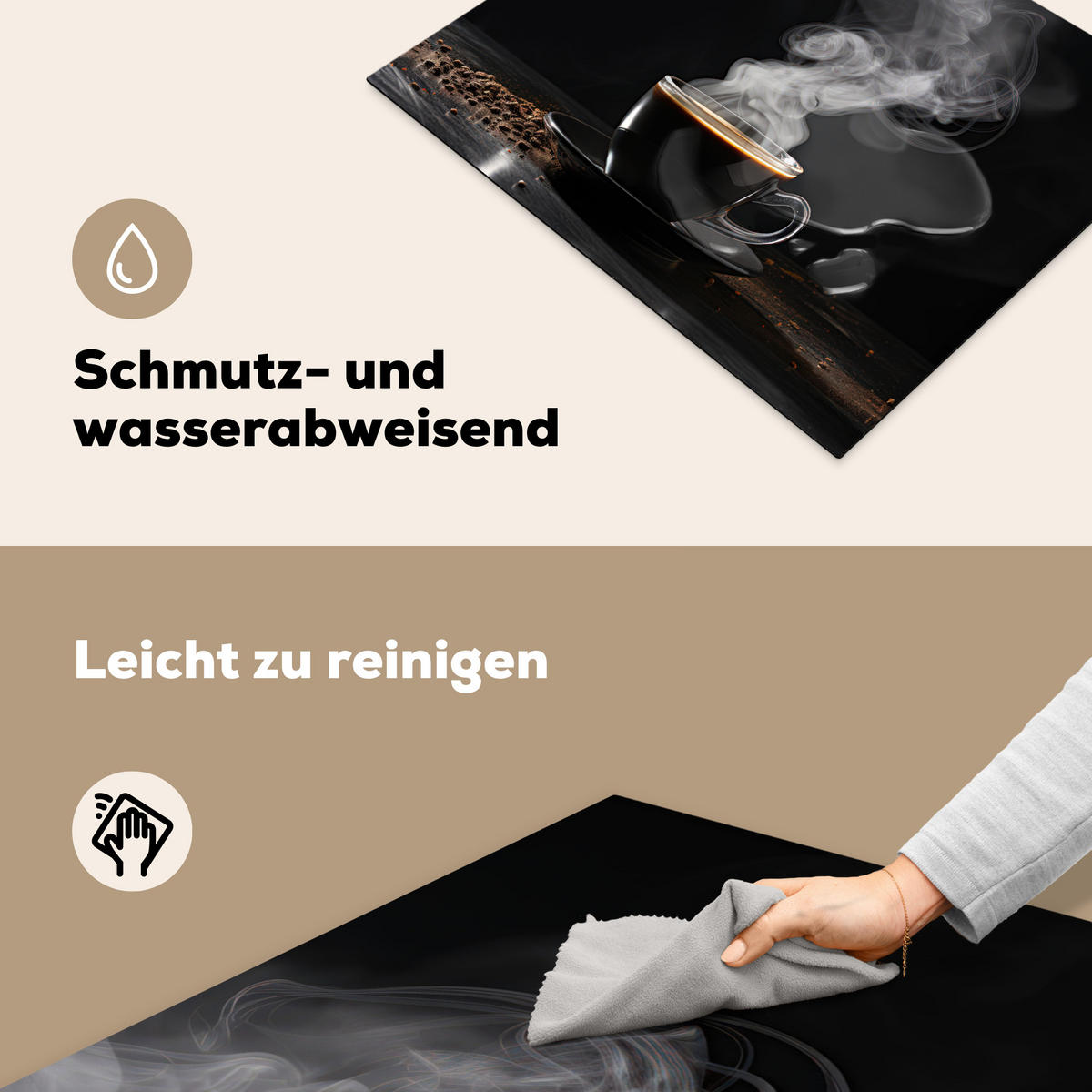 HERDABDECKPLATTE Kaffee - Schwarz - Bohnen - Heiß - Tasse Herdabdeckung Induktionsfeld 65x52 cm - Schwarz, Kunststoff (65/52/0.2cm) - MuchoWow