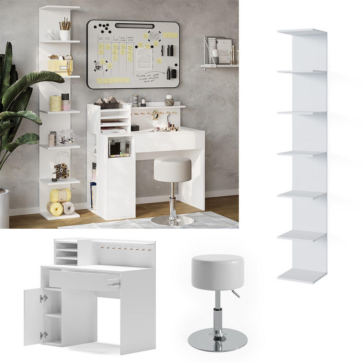 SCHREIBTISCH Weiß 3 Teile, mit Bücherregal und Hocker - Weiß, Holzwerkstoff (50/100/100cm) - Vicco