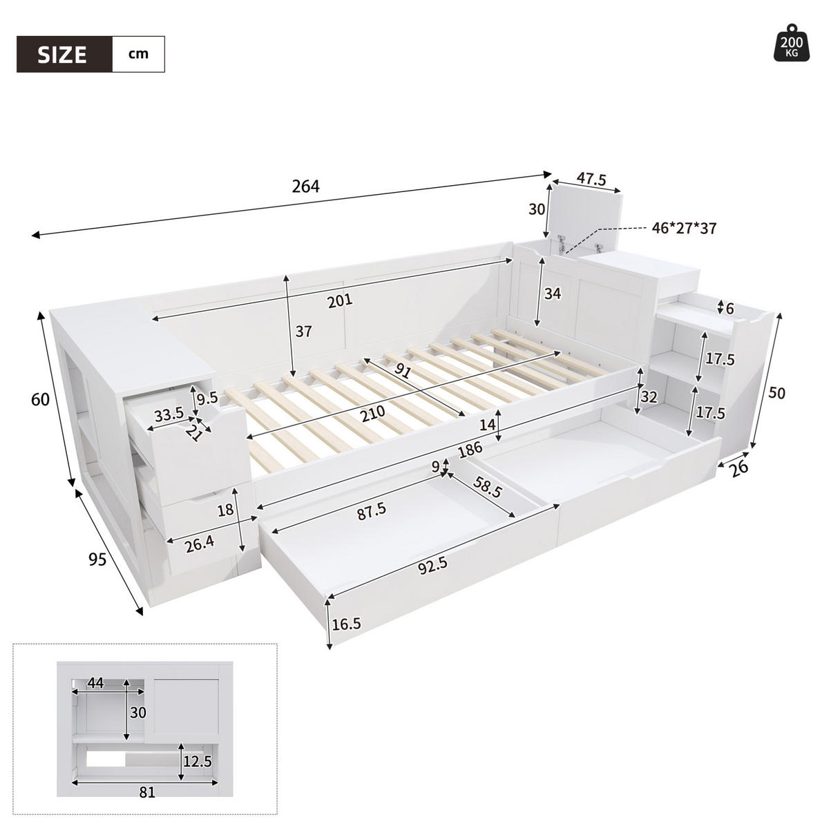 KINDERBETT 90/200 cm aus MDF mit Schublade, Regal und Nachttisch Weiß - Weiß, Holzwerkstoff (90/200cm) - Modenvie