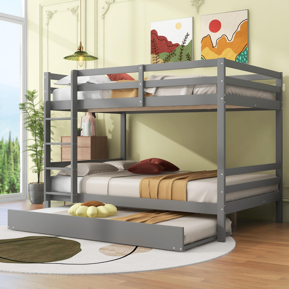 ETAGENBETT 140/200 cm mit Ausziehbett, hoher Absturzsicherung und Treppe aus Kiefern , Grau - Grau, Holzwerkstoff (140/200cm) - Redom