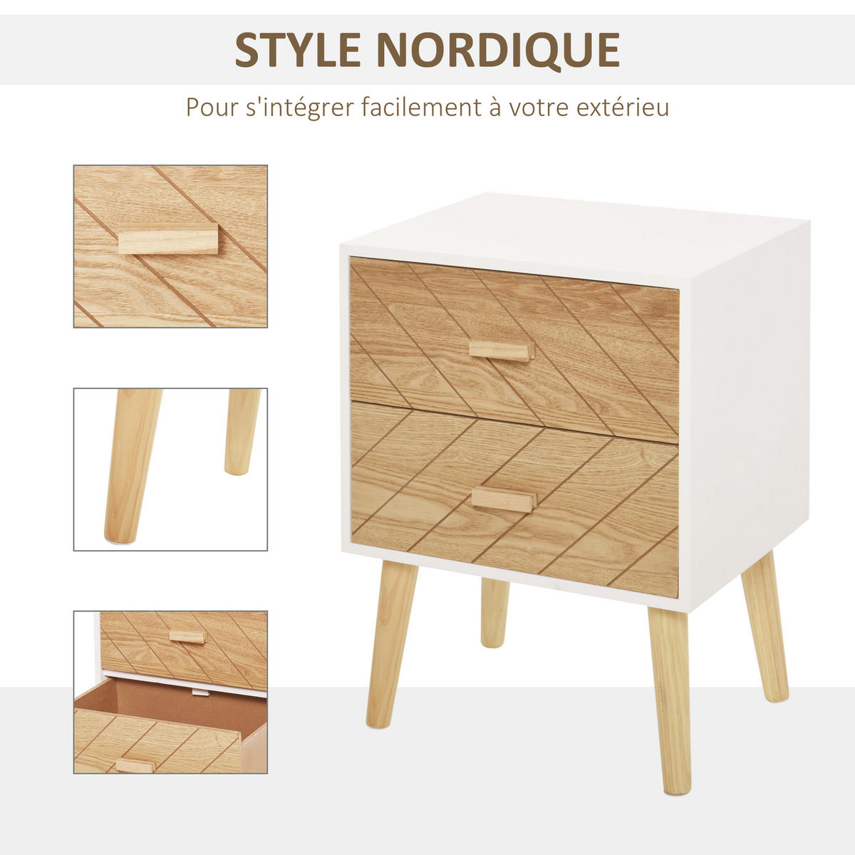 NACHTTISCH Weiß und Natur MDF und Holz mit 2 Schubladen 1er-Set - Weiß, Holz (40/55.5/30cm) - PANGIVO