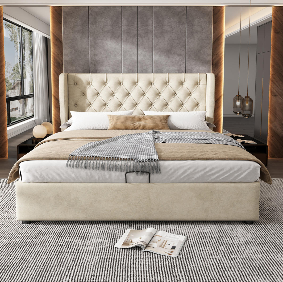 POLSTERBETT 180/200 cm mit Bettkasten, Lattenrost und Chesterfield-Kopfteil aus Samt, Beige - Beige, Textil (180/200cm) - Redom