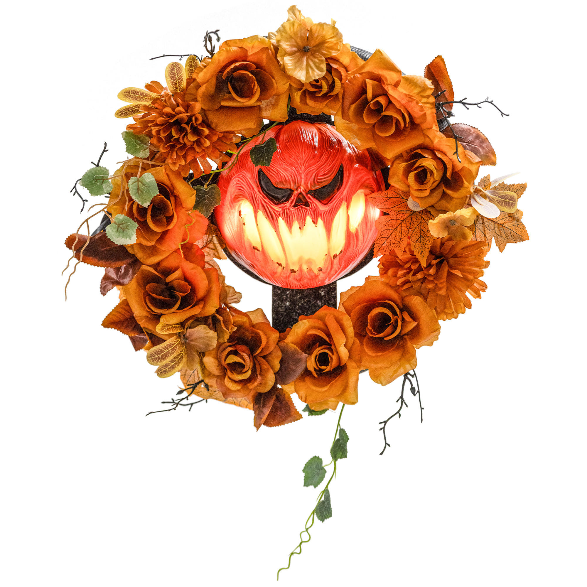 HALLOWEEN-KRANZ DE-42049 Grusel-Kürbis mit LED und Blättern - Orange, Metall (44/44/9cm) - ComfortXL