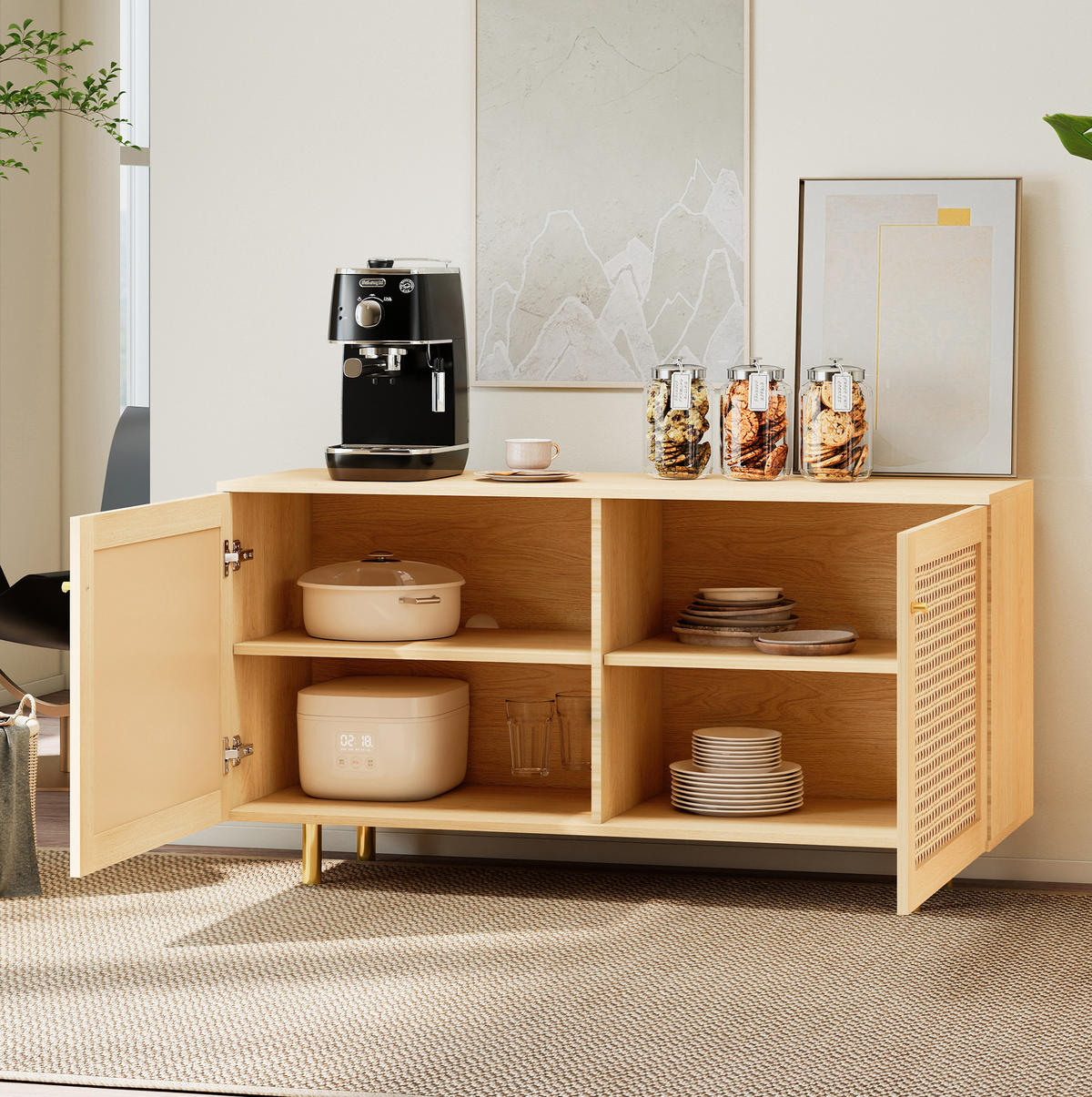 PŘÍBORNÍK z MDF 120x63x40 cm přírodní se 2 dvířky, ratanovým výpletem a kovovými nohami - přírodní, kompozitní dřevo (120/63/40cm) - Modfu