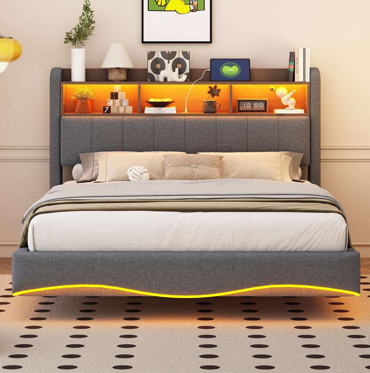 POLSTERBETT mit LED-Beleuchtung 140/200 cm mit USB-C und Stauraum, Grau - Grau, Textil (140/200cm) - BEAOK