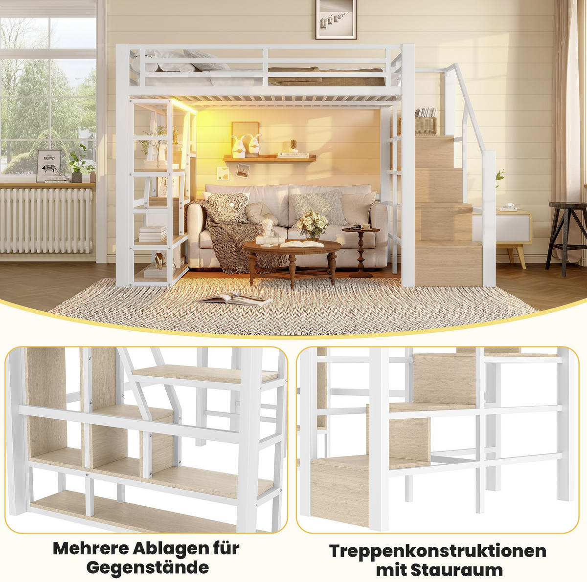 VYSOKÁ posteľ 140/200 cm biela z MDF a kovu s LED osvetlením a úložnými schodíkmi - biela, kompozitné drevo (140/200cm) - OKWISH