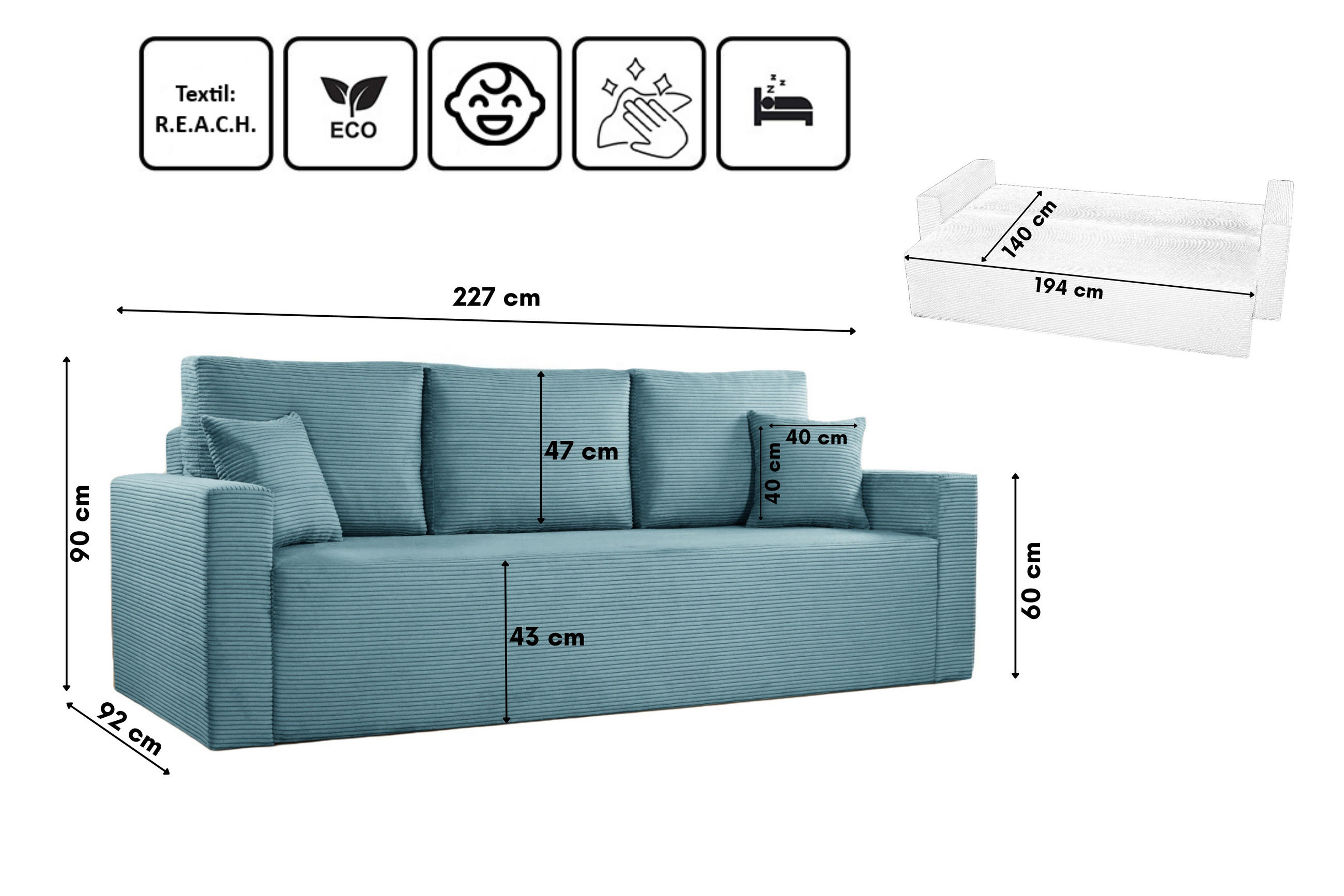 Thumbnail - Kaiser Möbel Schlafsofa, Hellblau, Textil, Füllung: Komfortschaum,Komfortschaum, einzeln stellbar,Rechteckig, 227x90x92 ...